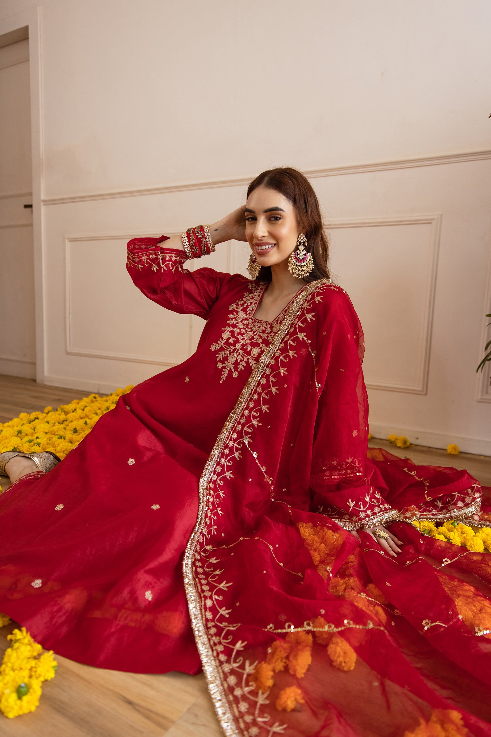 Red Chanderi Three Kali Kurta Set - Asrumo