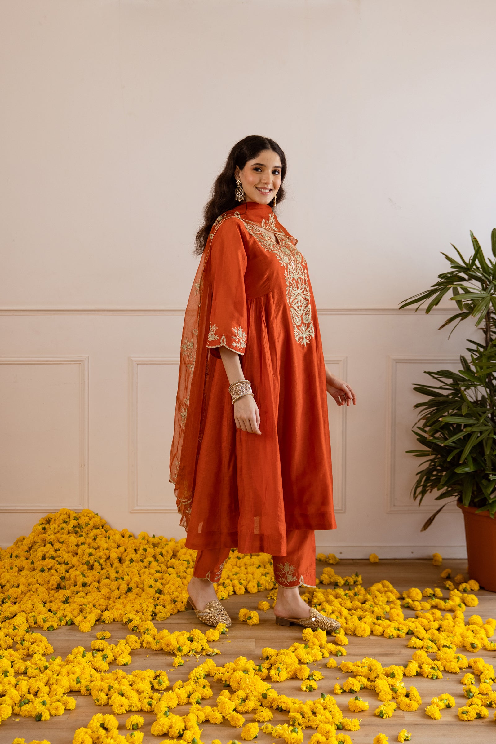 Rust Orange Chanderi Kurta Set With Organza Dupatta - Asrumo