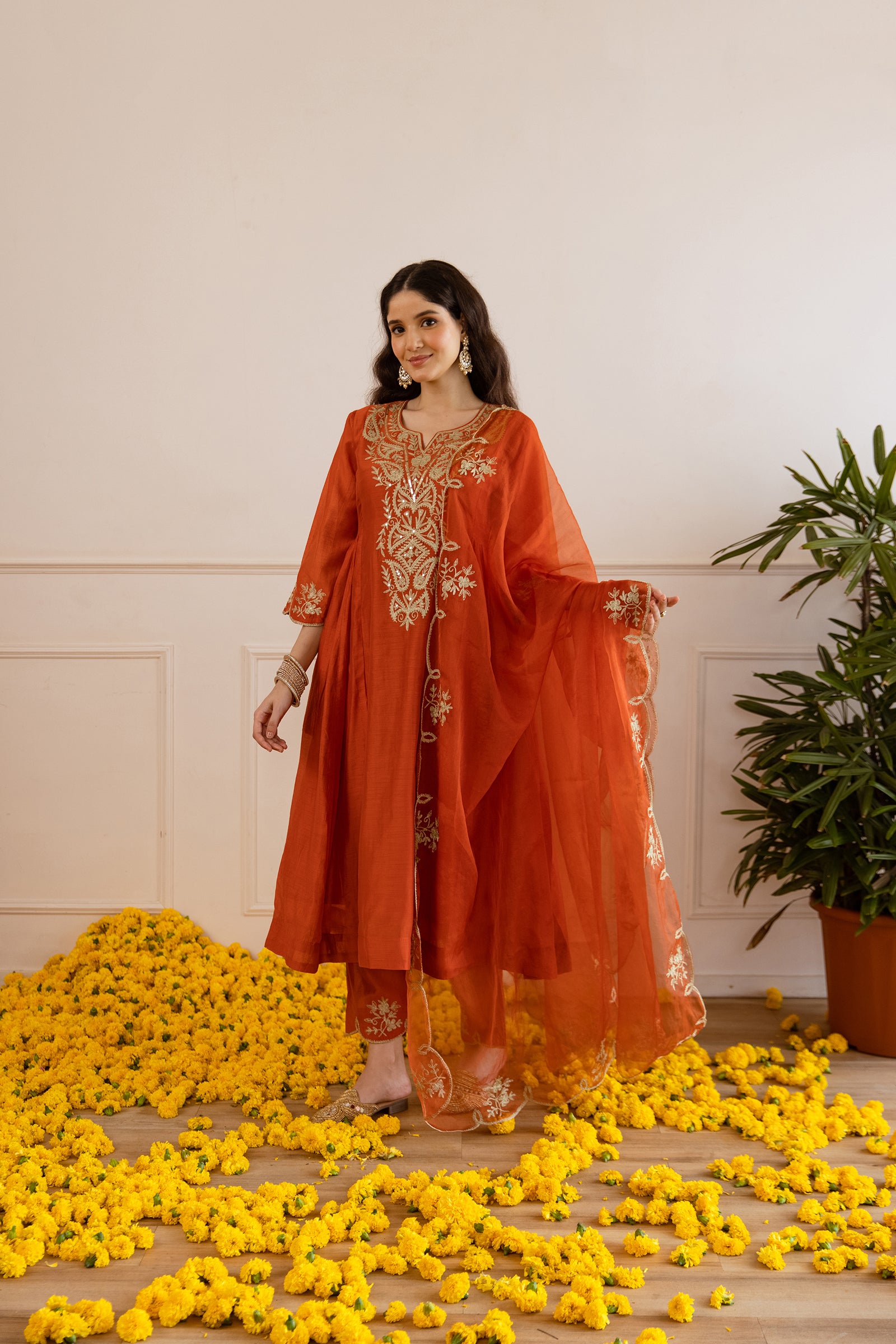 Rust Orange Chanderi Kurta Set With Organza Dupatta - Asrumo