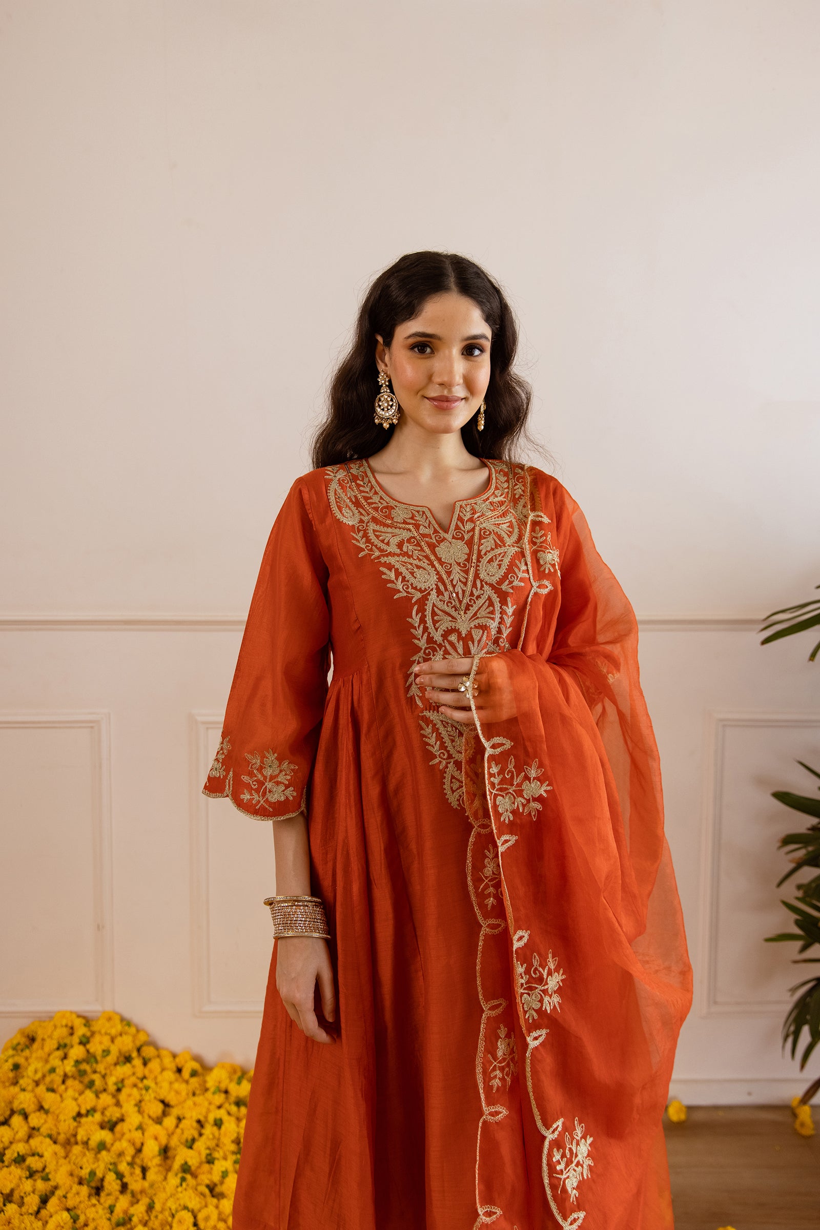 Rust Orange Chanderi Kurta Set With Organza Dupatta - Asrumo