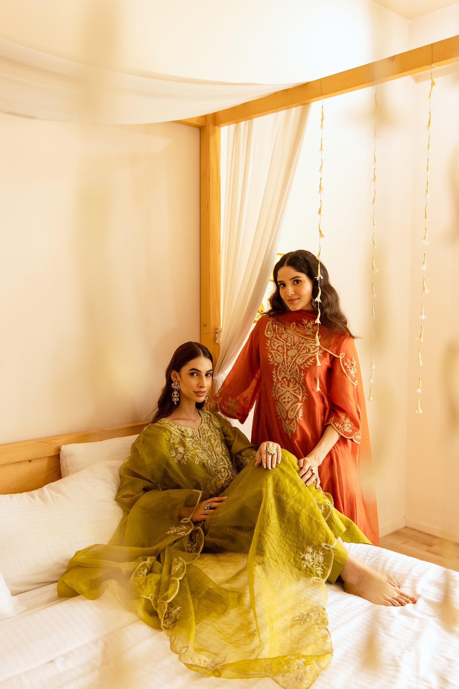 Rust Orange Chanderi Kurta Set With Organza Dupatta - Asrumo