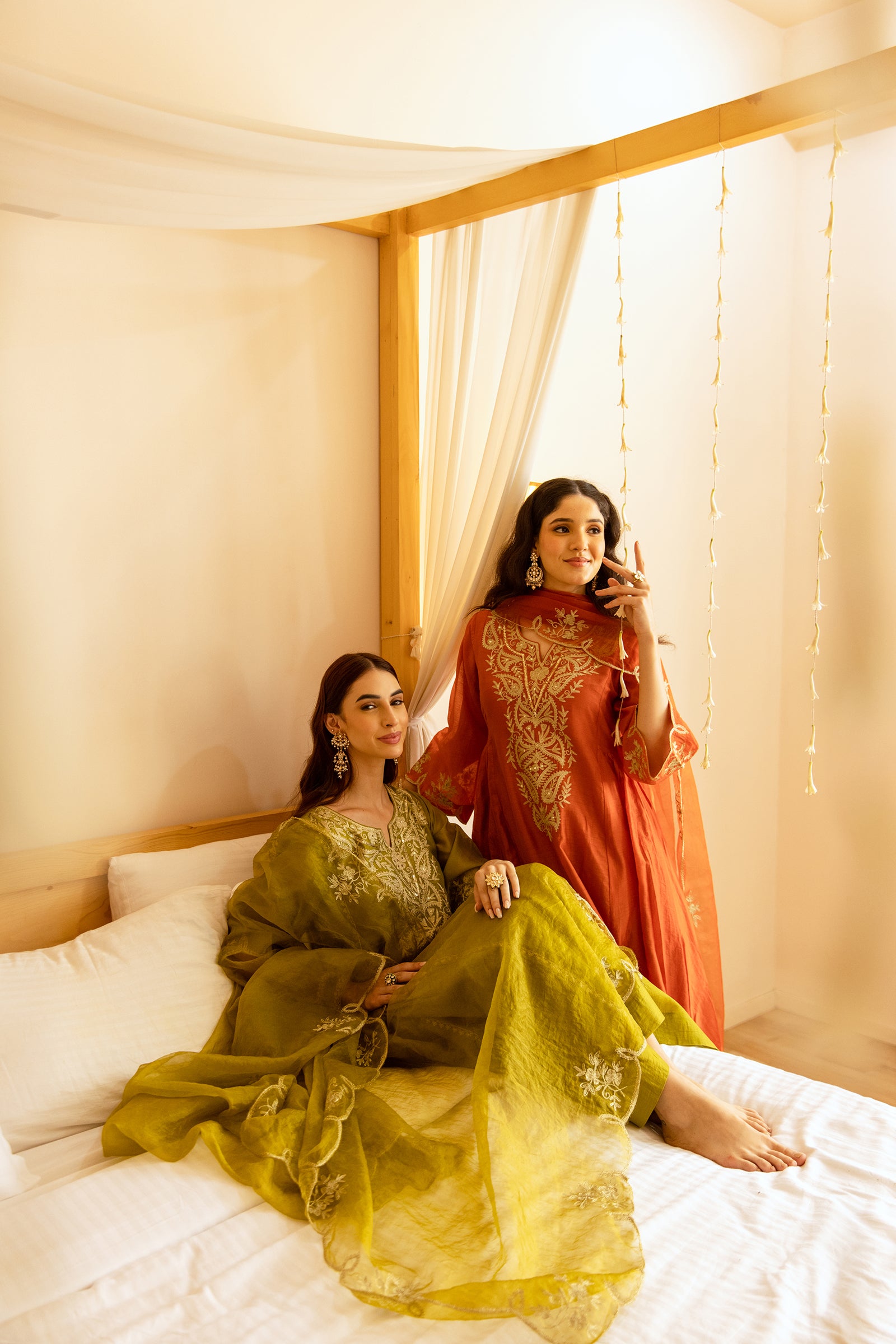 Rust Orange Chanderi Kurta Set With Organza Dupatta - Asrumo