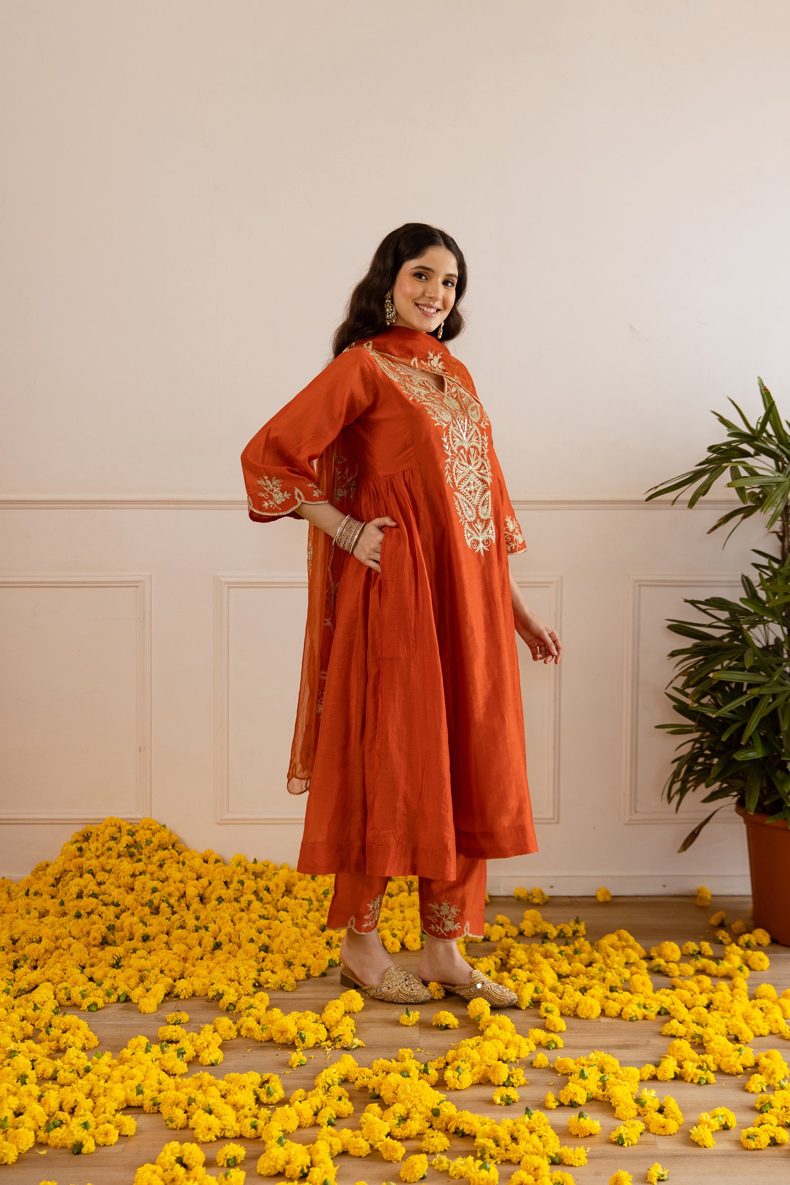 Rust Orange Chanderi Kurta Set With Organza Dupatta - Asrumo