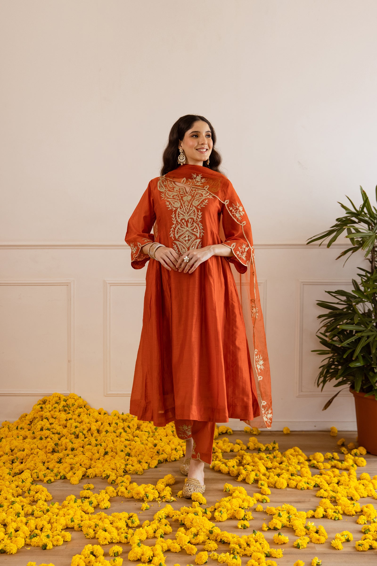 Rust Orange Chanderi Kurta Set With Organza Dupatta - Asrumo