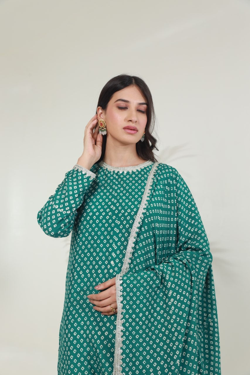 Rama green bandhej handblock straight muslin set Asrumo
