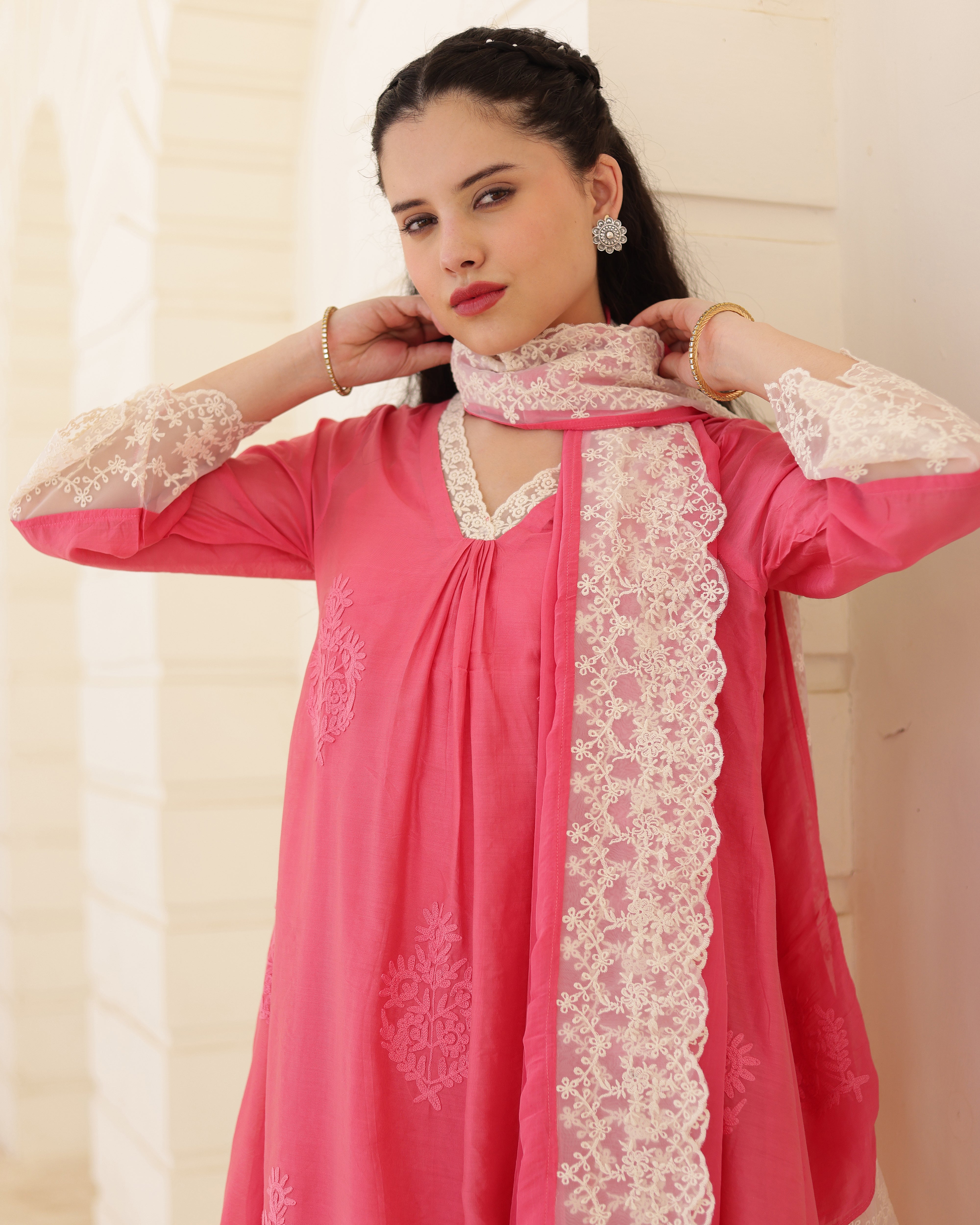 Roséline Pink Chanderi Aari Embroidered Suit Set with Lace Dupatta