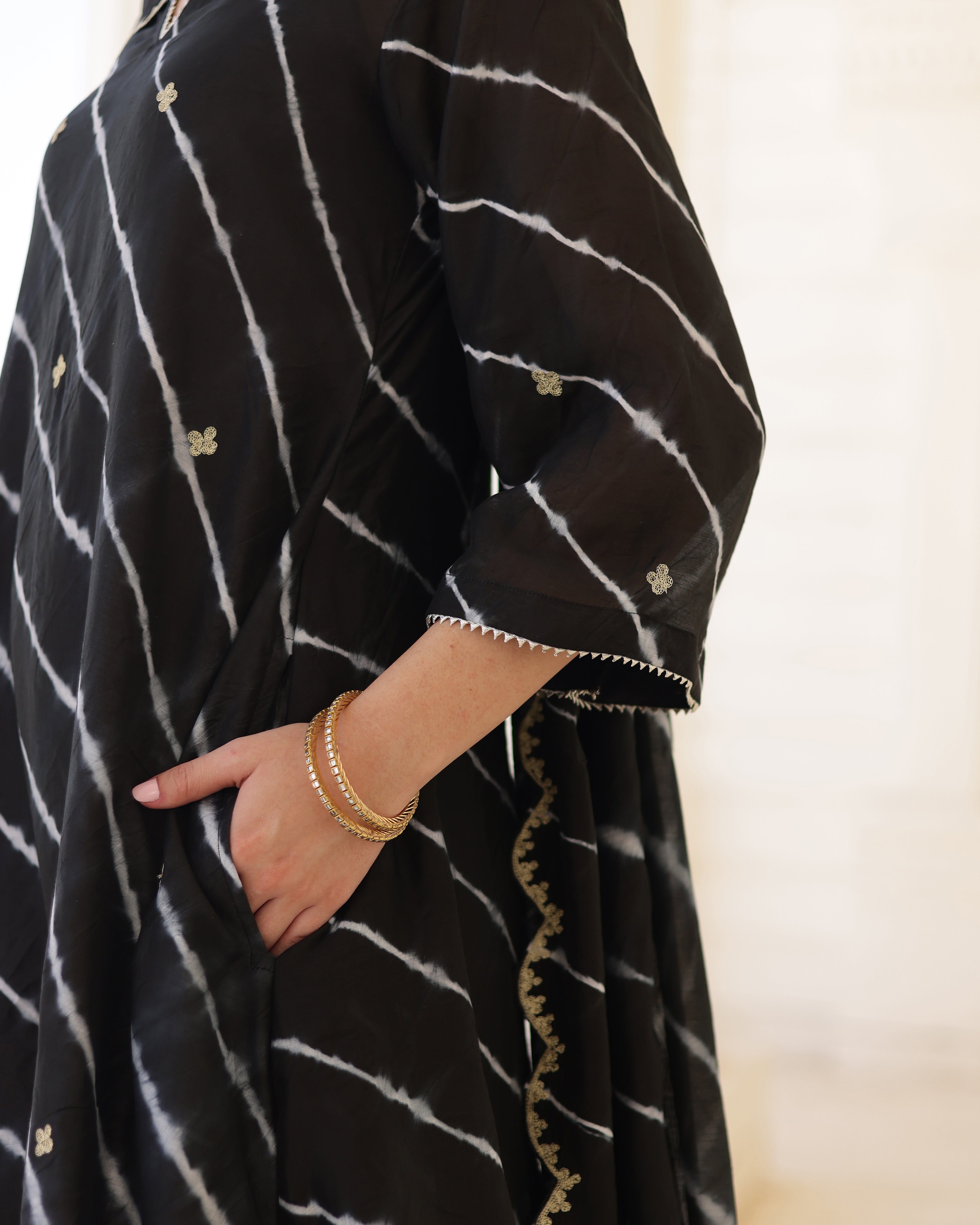Nero Black Chanderi Hand Dyed Leheriya Kurta Set with Zari Aari Embroidery