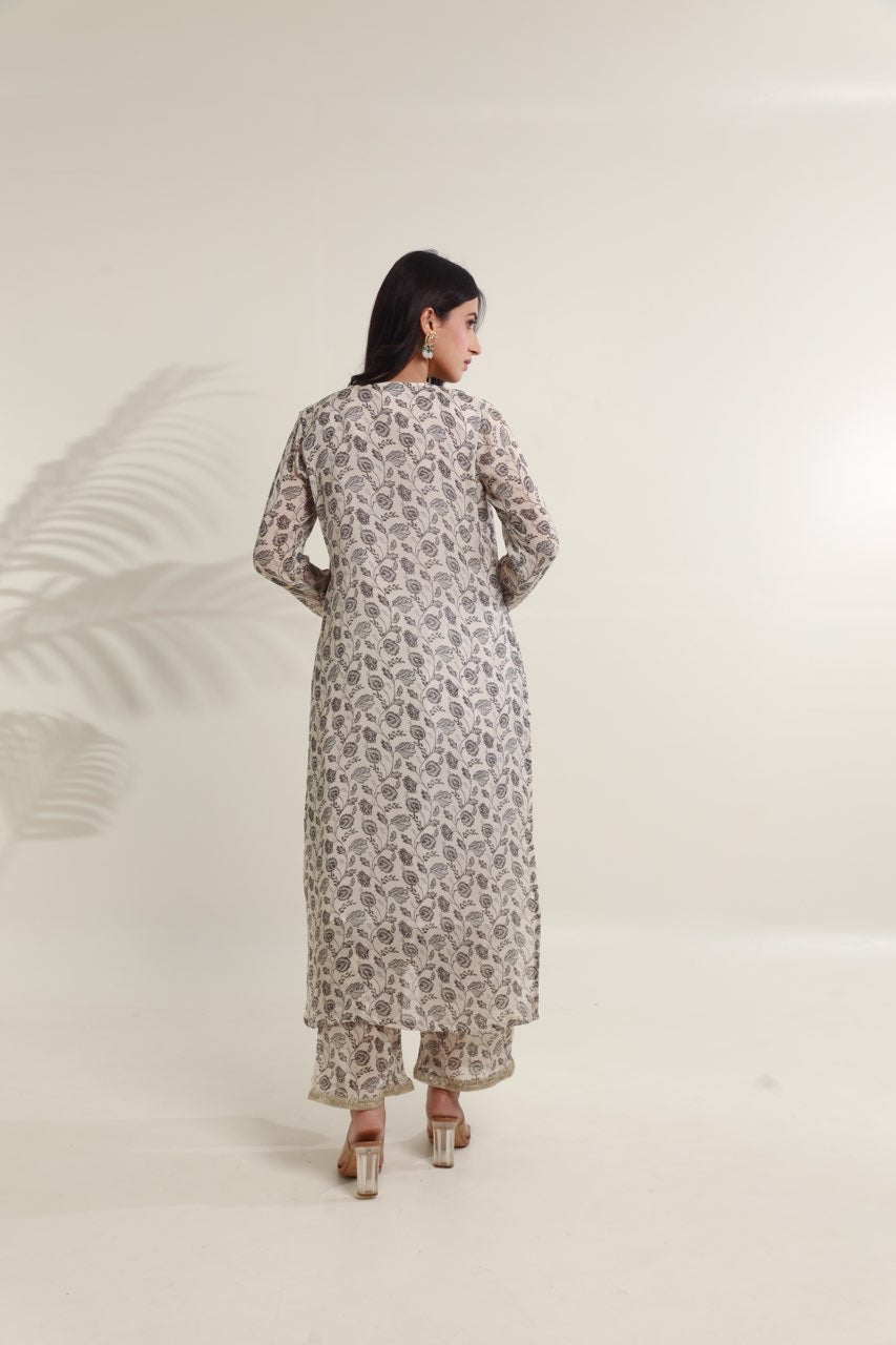 White Black floral digital print viscose chinon kurta set Asrumo