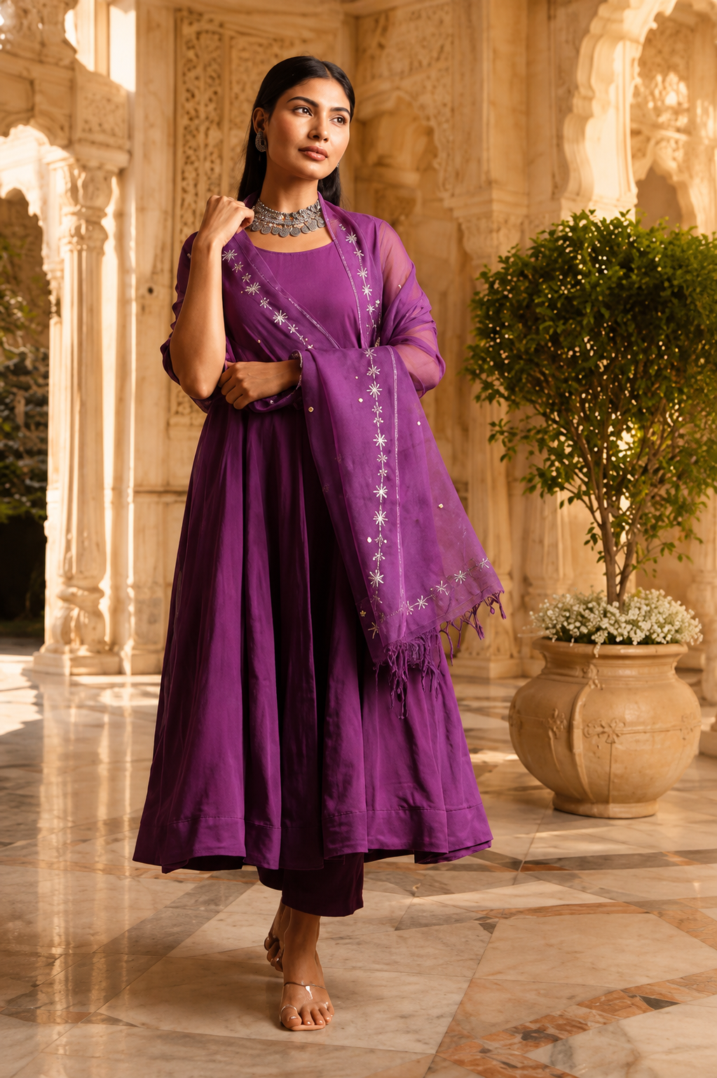 Voilet Mulmul Anarkali Set With Taari And Zari Embroidred Doriya Dupatta