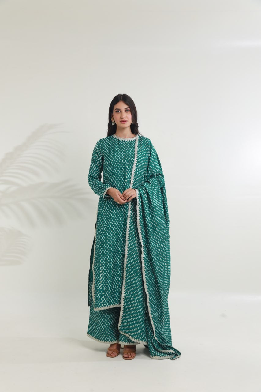 Rama green bandhej handblock straight muslin set Asrumo