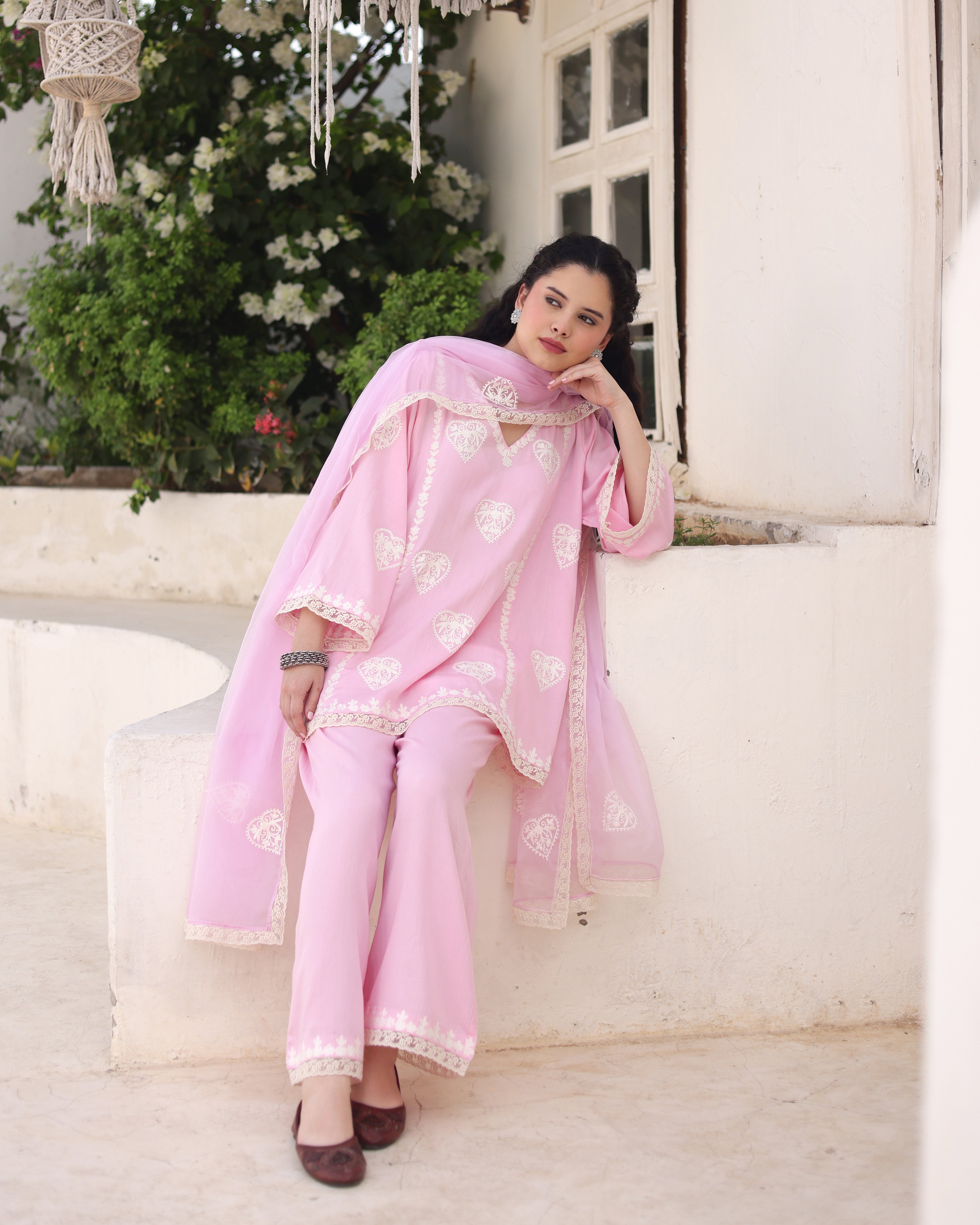 Gulzaar Blush Pink Cotton Satin Aari Embroidered Kurta Palazzo Set