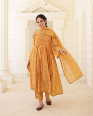 Solara Mustard Yellow Chanderi Hand Bandhej Suit Set with Dupatta