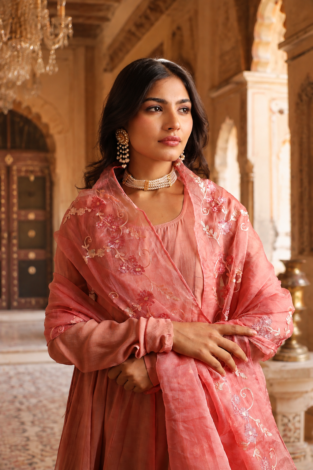 Rosewood Bloom - Mul Chanderi Anarkali Set With Matching Organza Dupatta