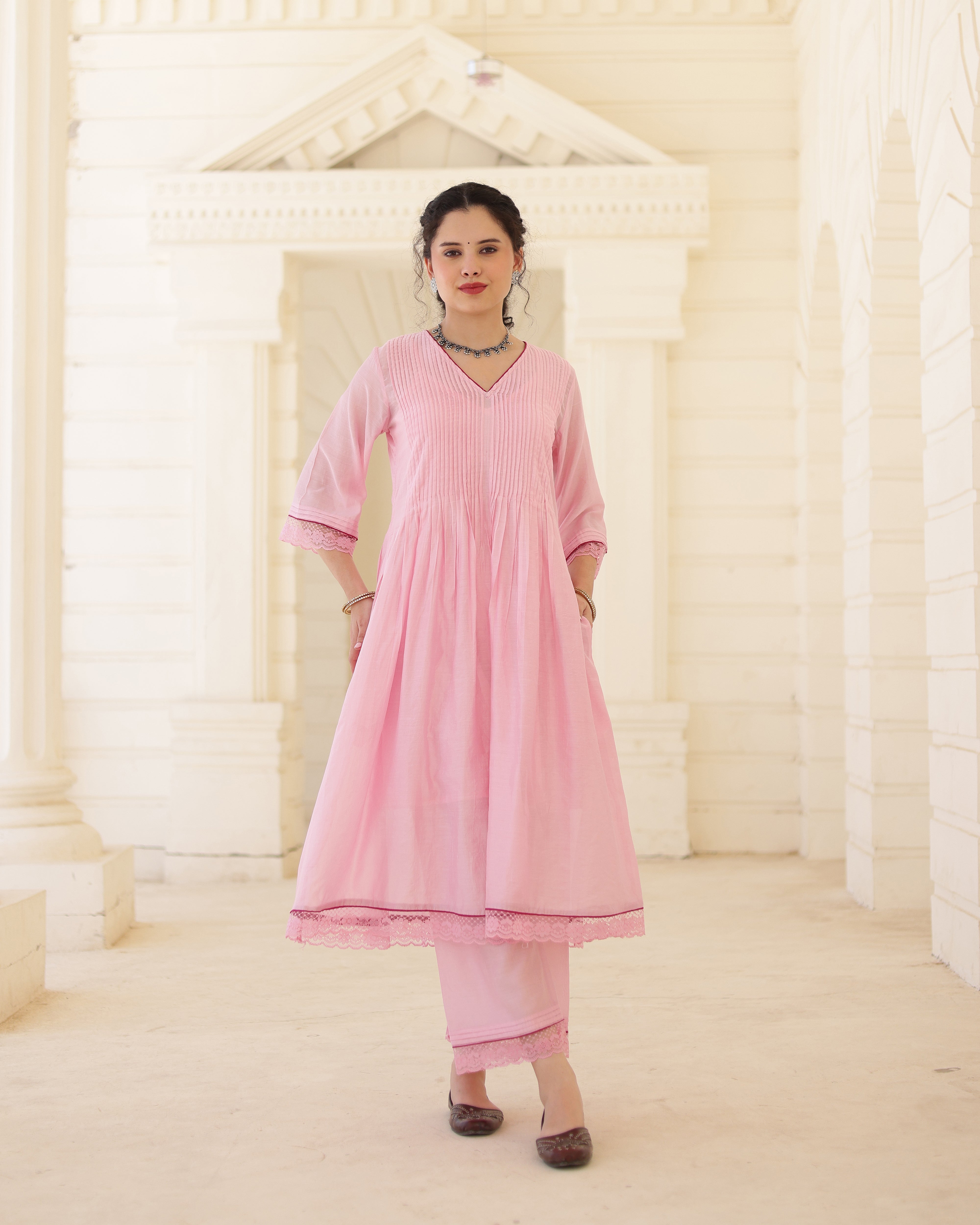 Roselle Blush Pink Chanderi Aari Embroidered Kurta Palazzo Set with Floral Dupatta