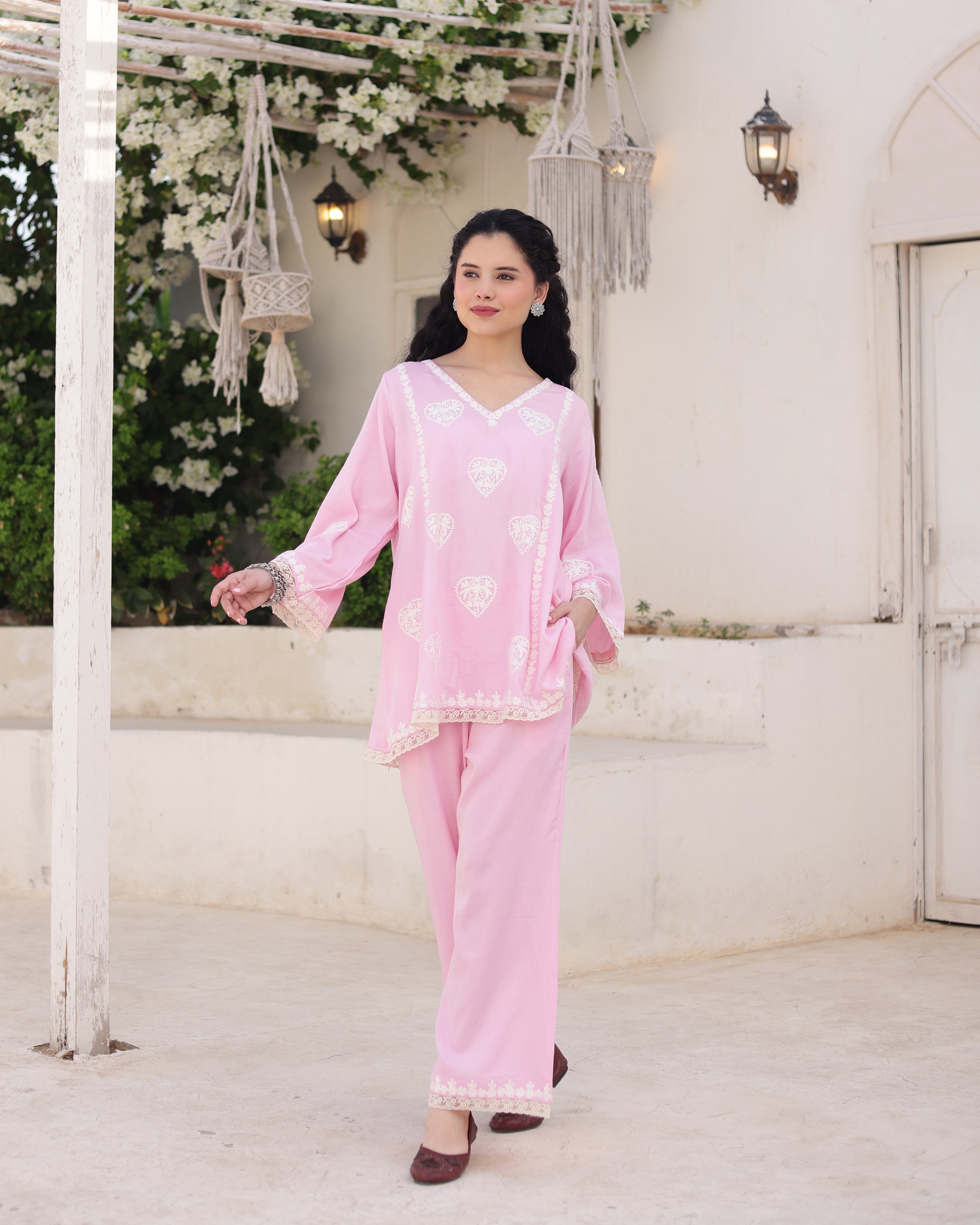 Gulzaar Blush Pink Cotton Satin Aari Embroidered Kurta Palazzo Set