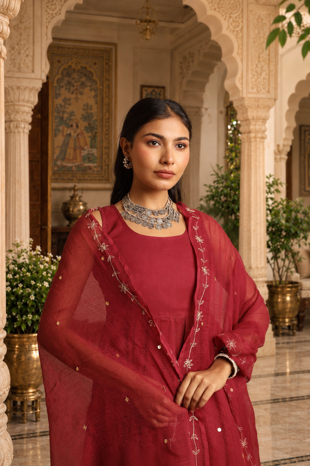 Maroon Mulmul Anarkali Set With Taari And Zari Embroidred Doriya Dupatta