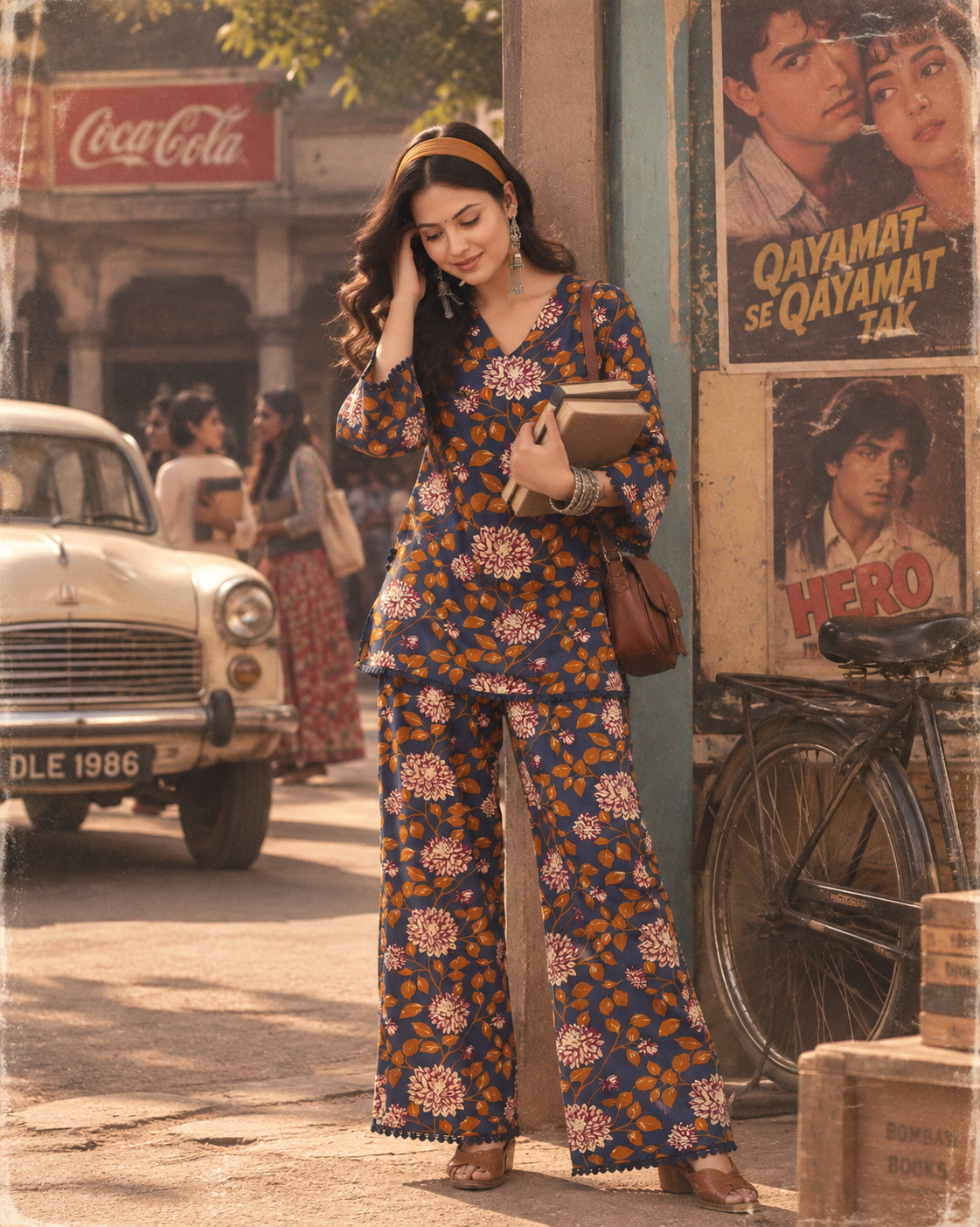 Navy Blue Handblock Straight Suit Set