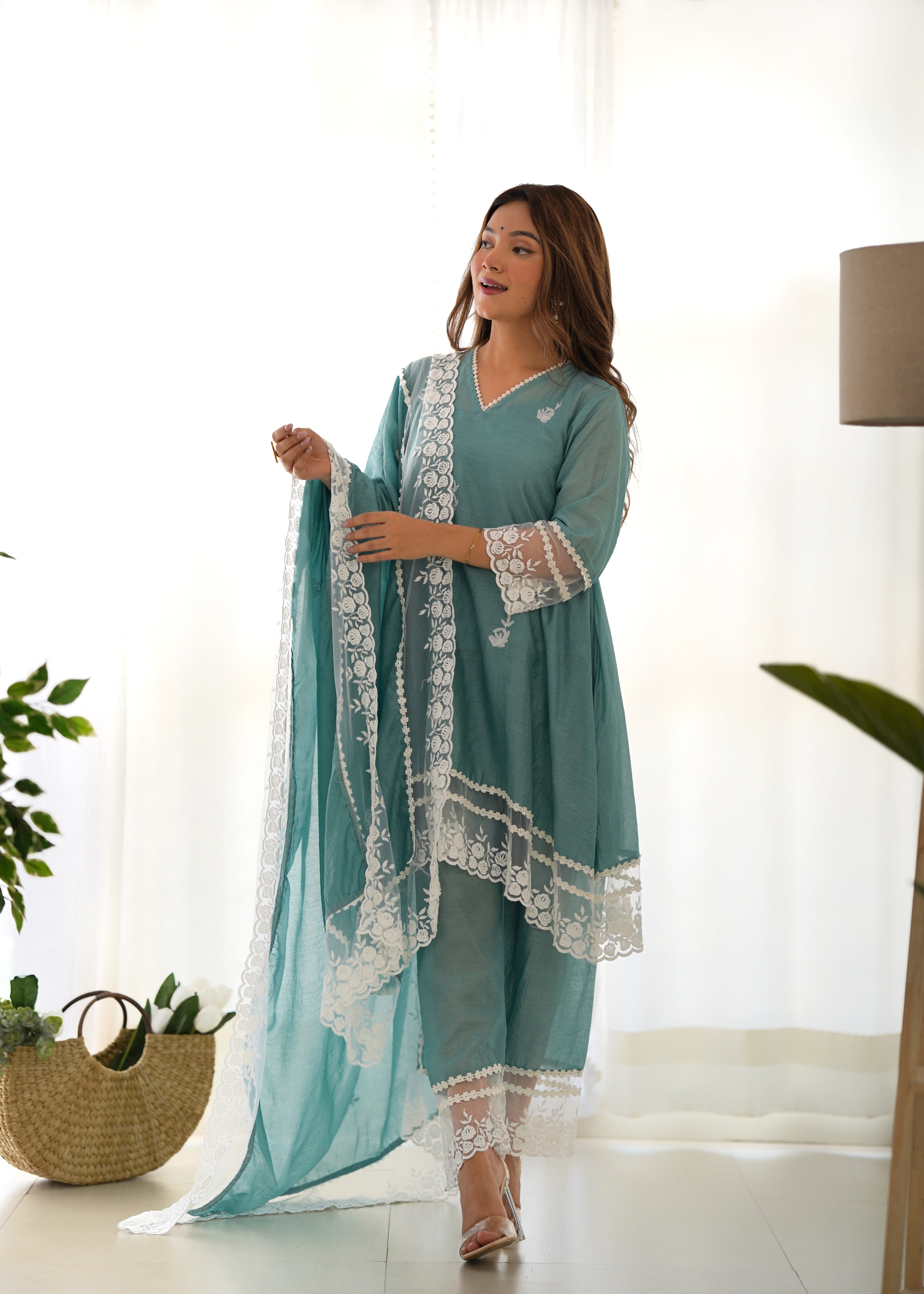 Mint Aari Embroidery lace detailing A-line set