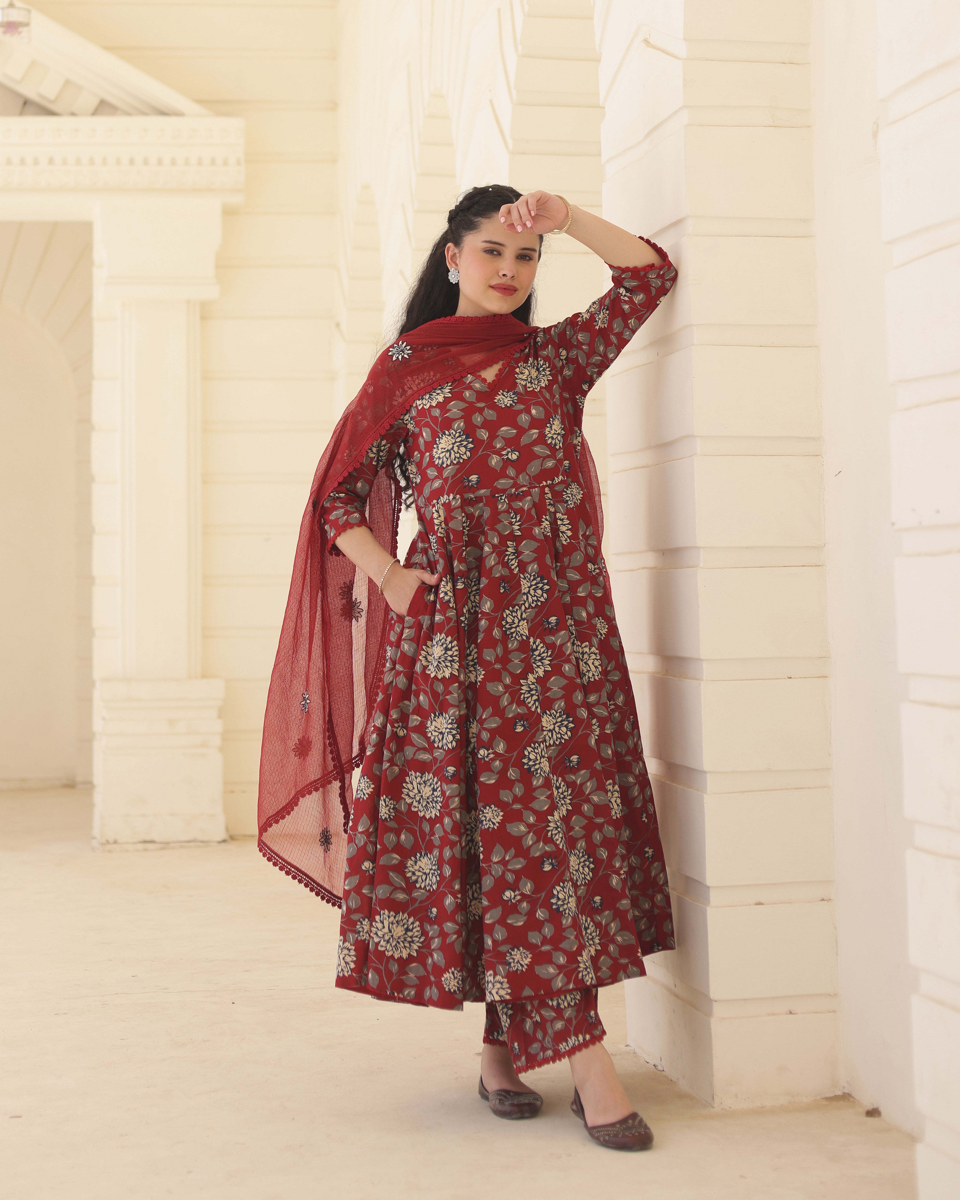Handblock Crimson Cotton Anarkali Suit Set with Kota Doria Dupatta