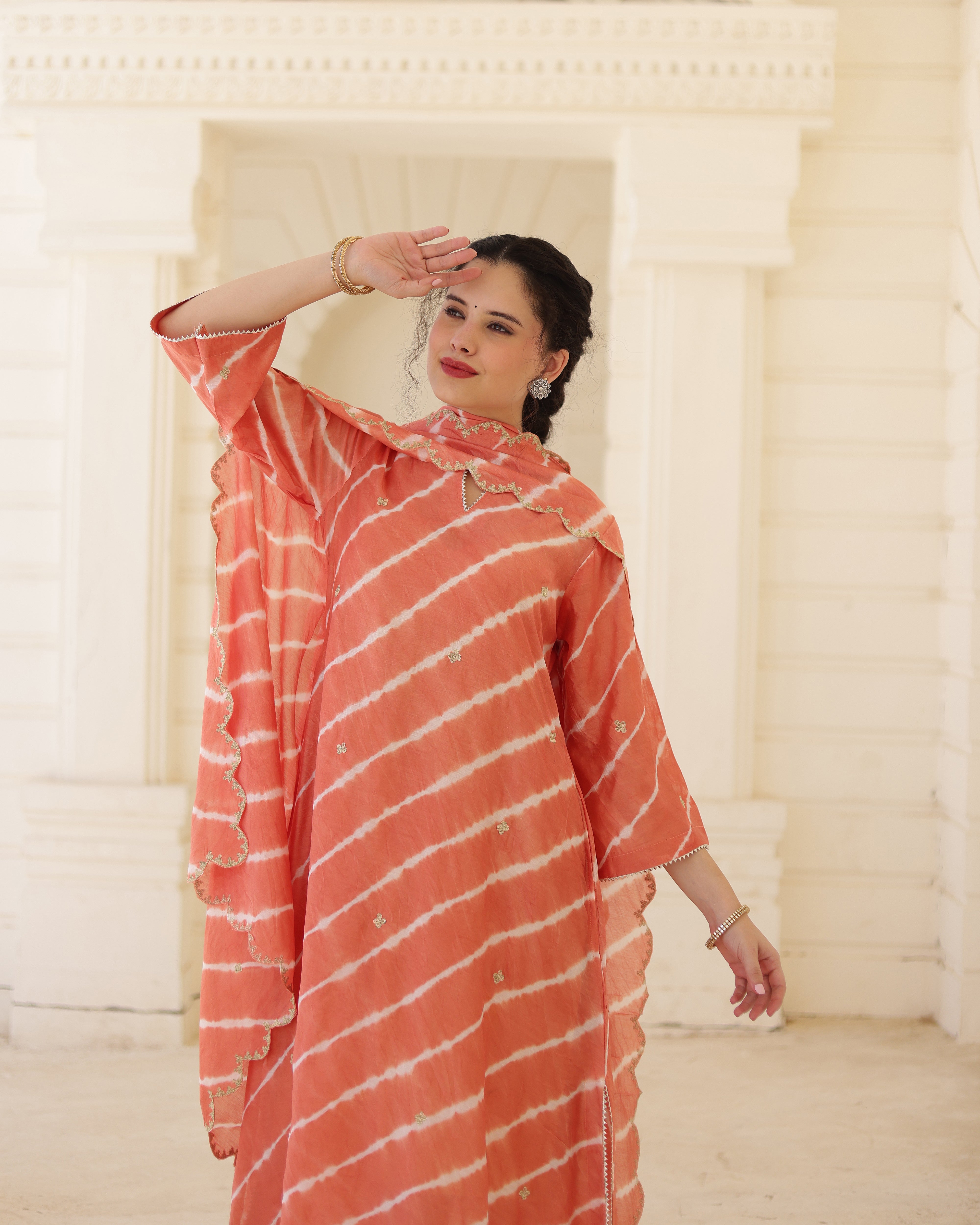 Terracotta Chanderi Hand Dyed Leheriya Kurta Set with Zari Embroidery
