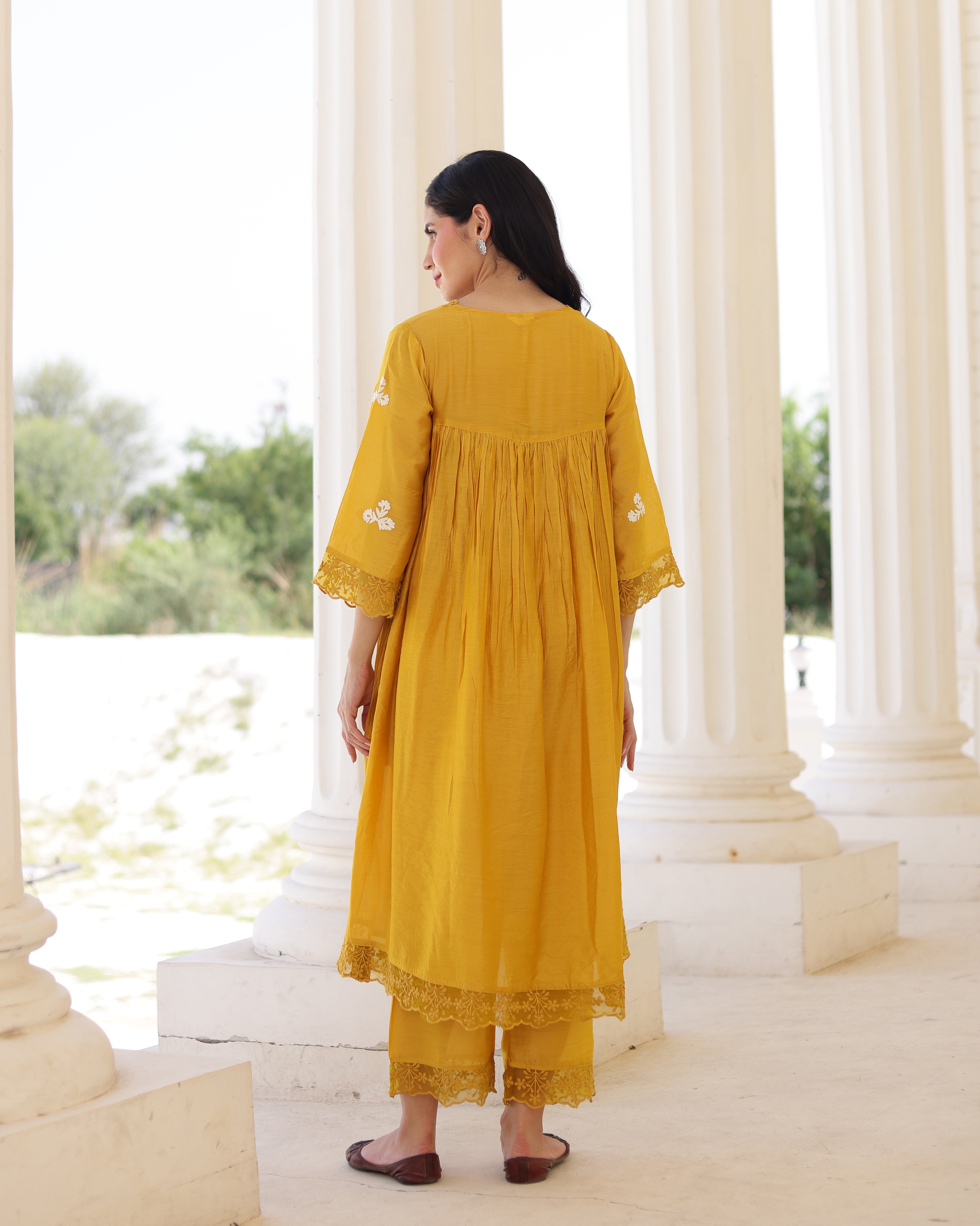 Solea Golden Chanderi Aari Embroidered Kurta Palazzo Set with Lace Dupatta