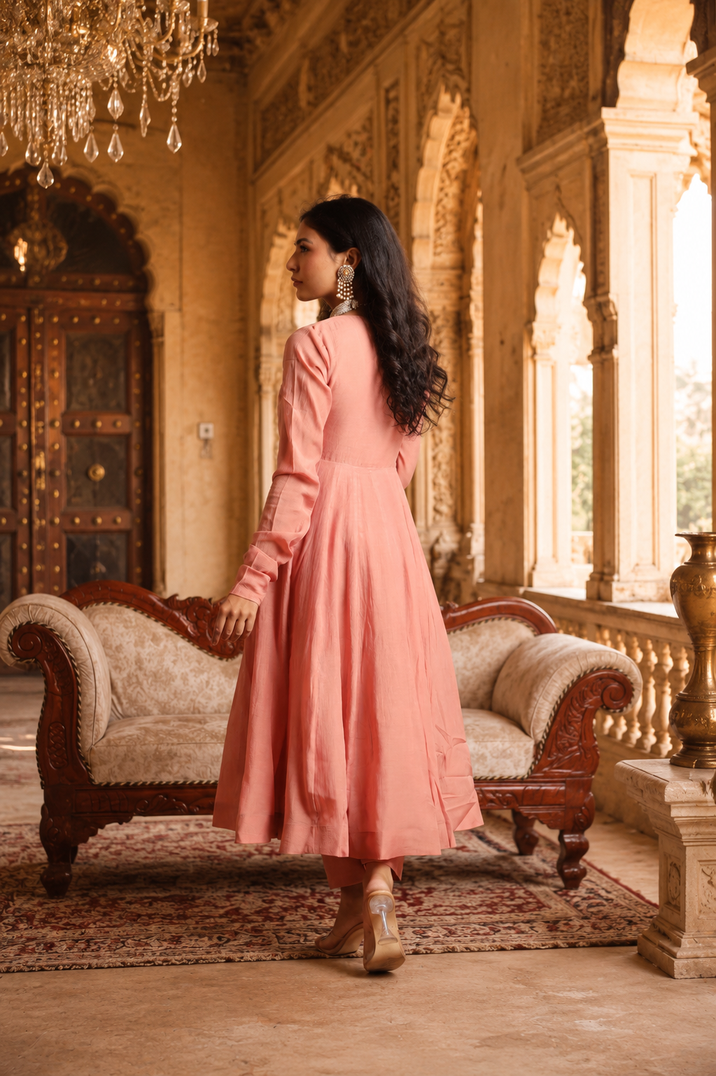 Rosewood Bloom - Mul Chanderi Anarkali Set With Matching Organza Dupatta