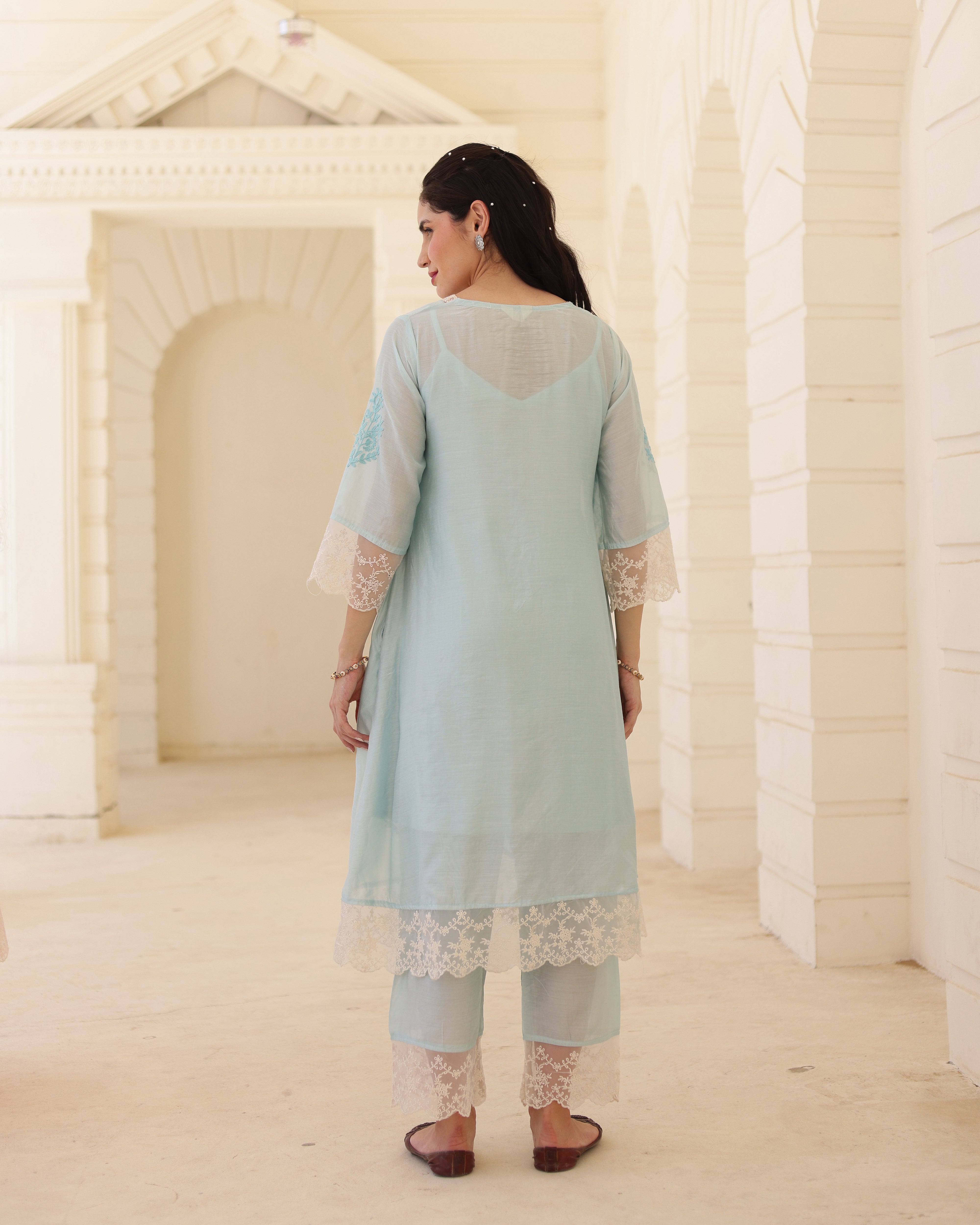 Liora Powder Blue Chanderi Aari Embroidered Suit Set with Lace Dupatta