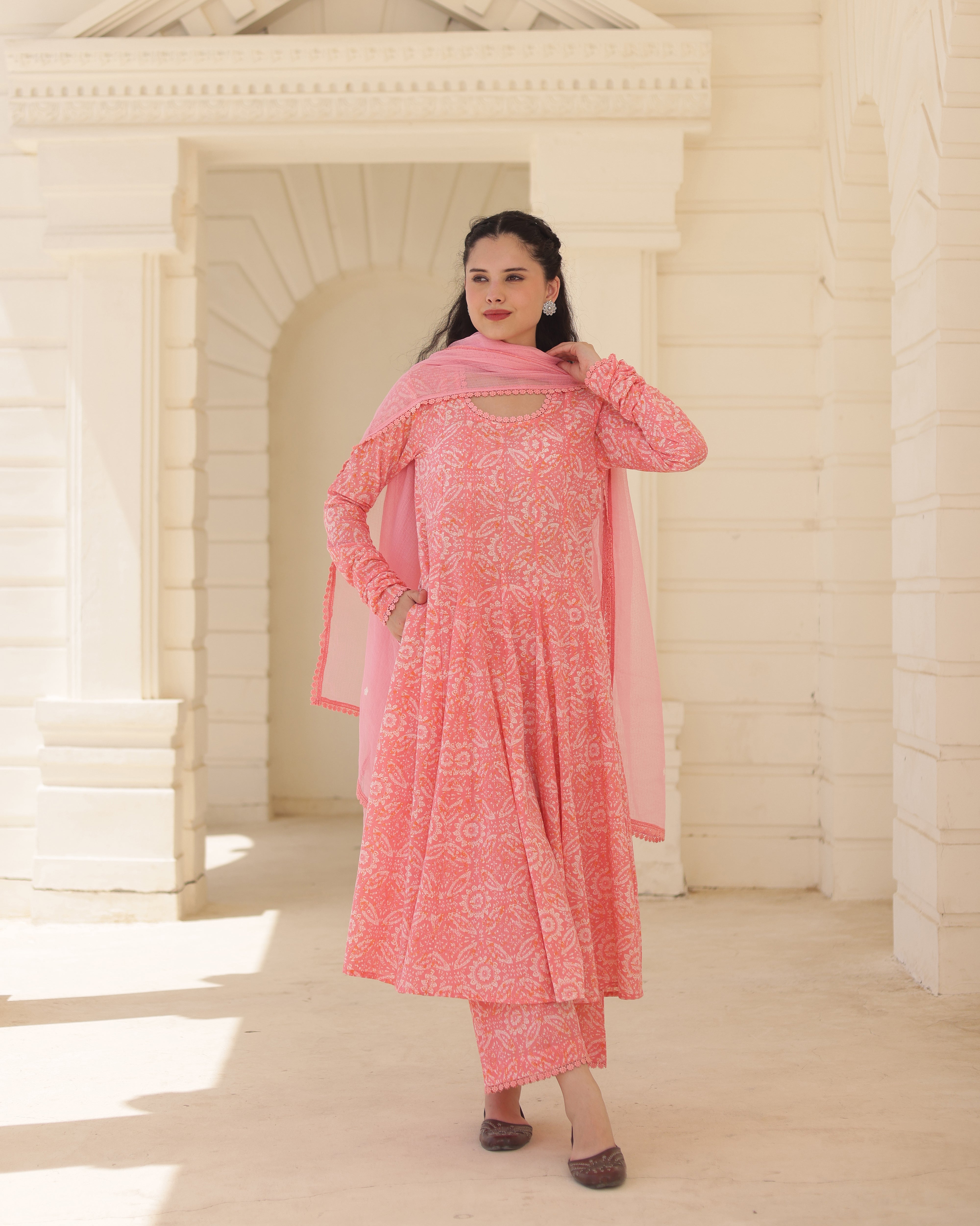 Blush Rose Pink Handblock Cotton Suit Set with Kota Doria Dupatta