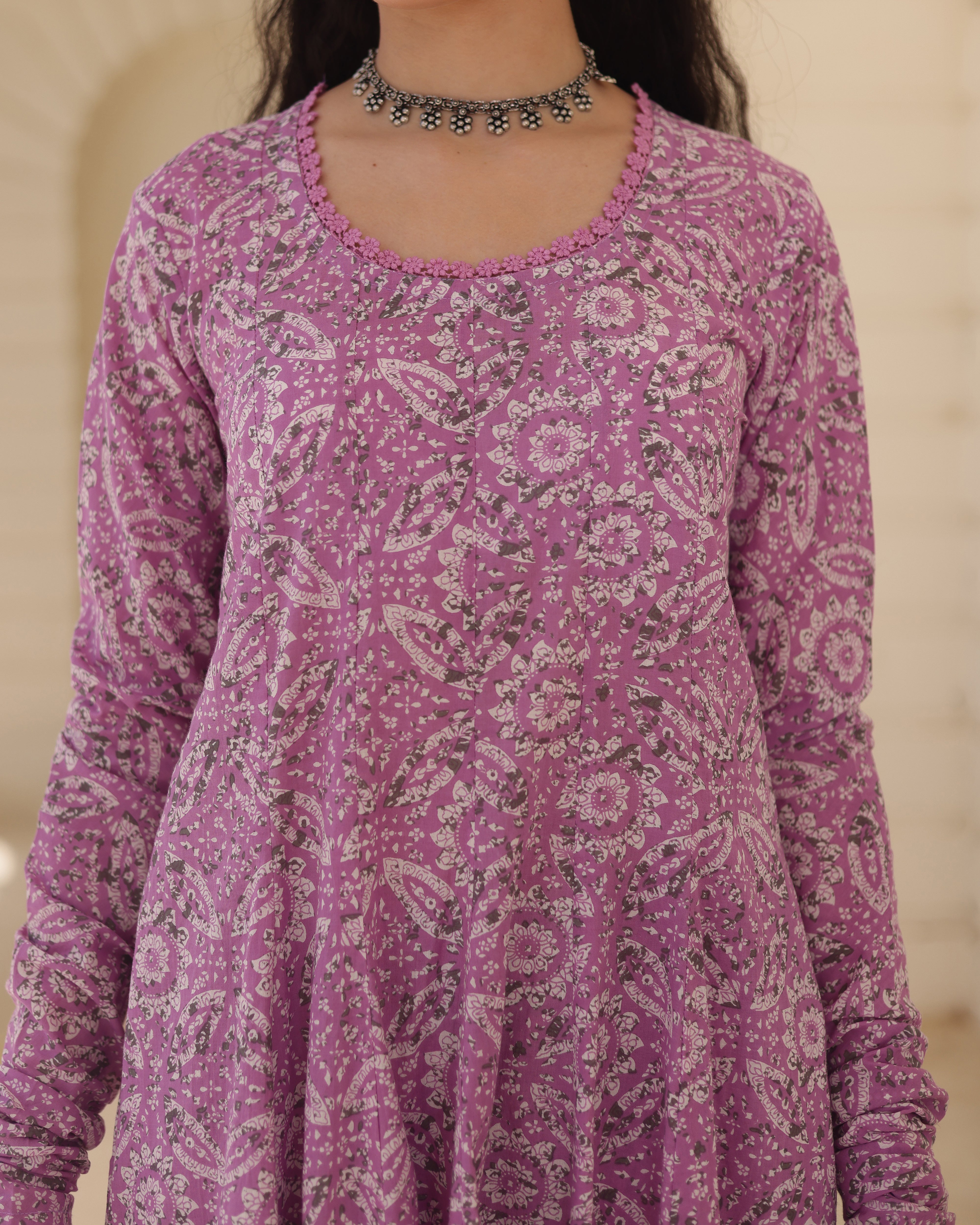 Handblock Lavender heritage Cotton Suit Set with Kota Doria Dupatta