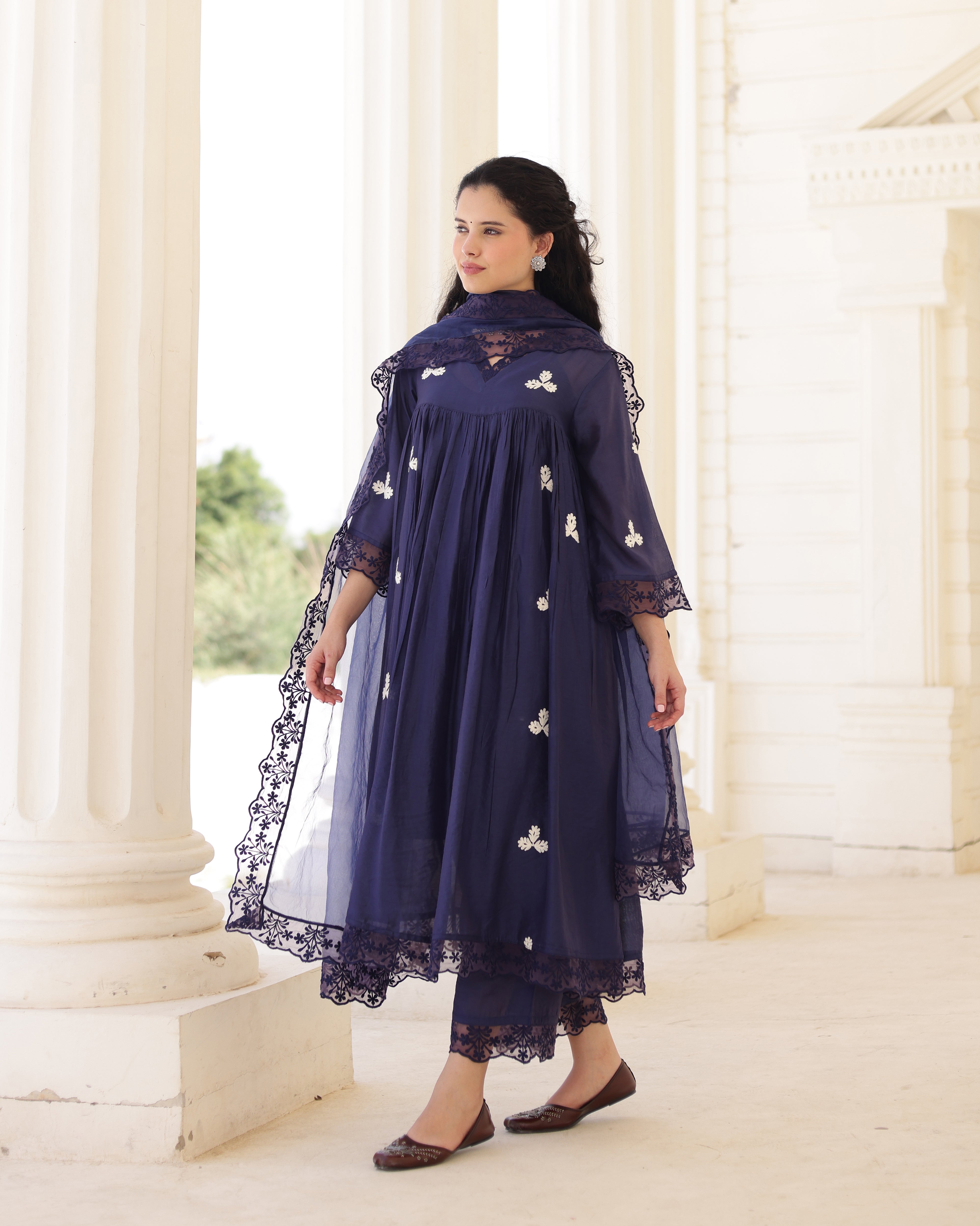 Midnight Muse Navy Chanderi Aari Embroidered Kurta Palazzo Set
