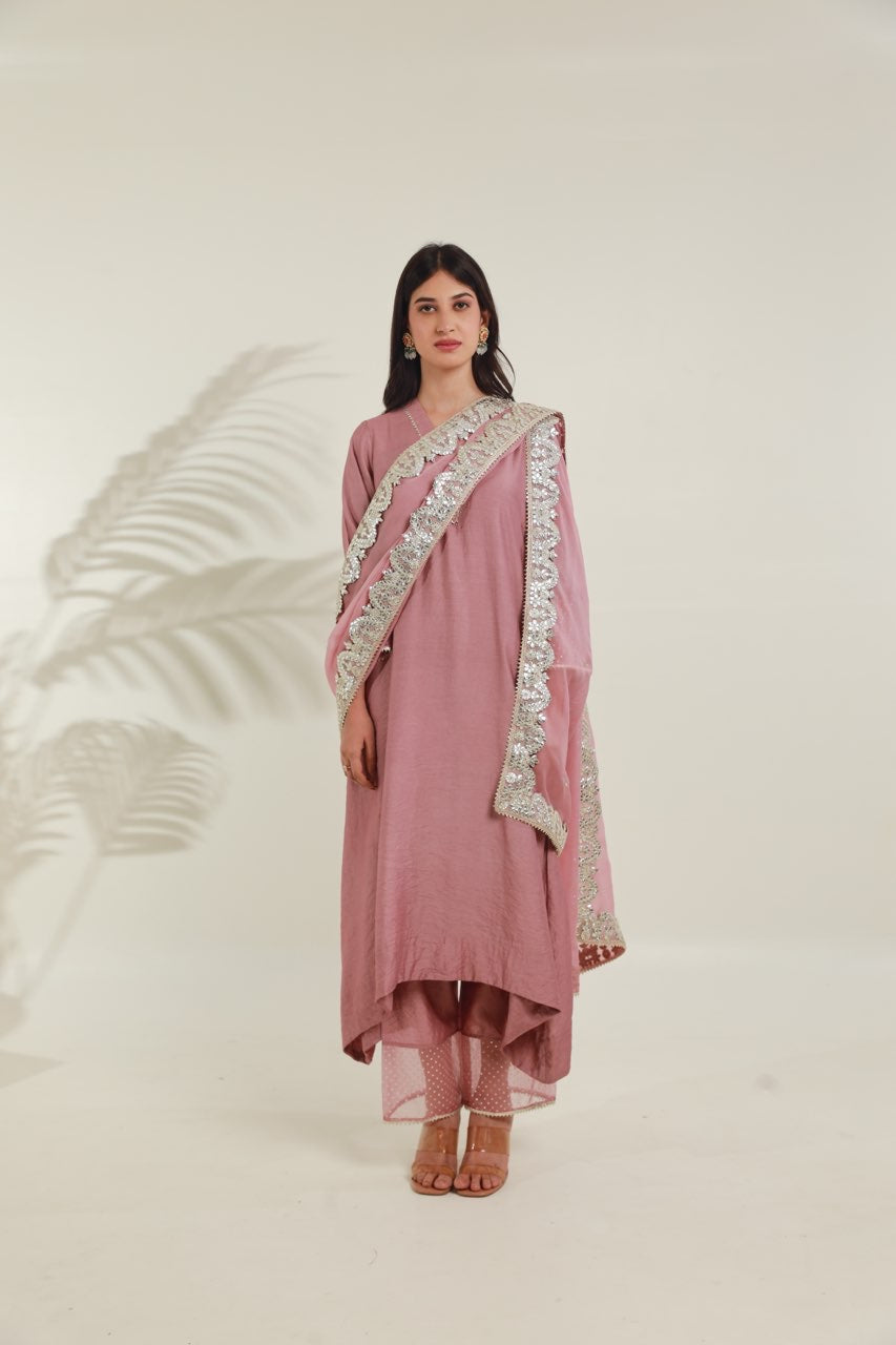 Rose Pink Chanderi Straight Set Asrumo