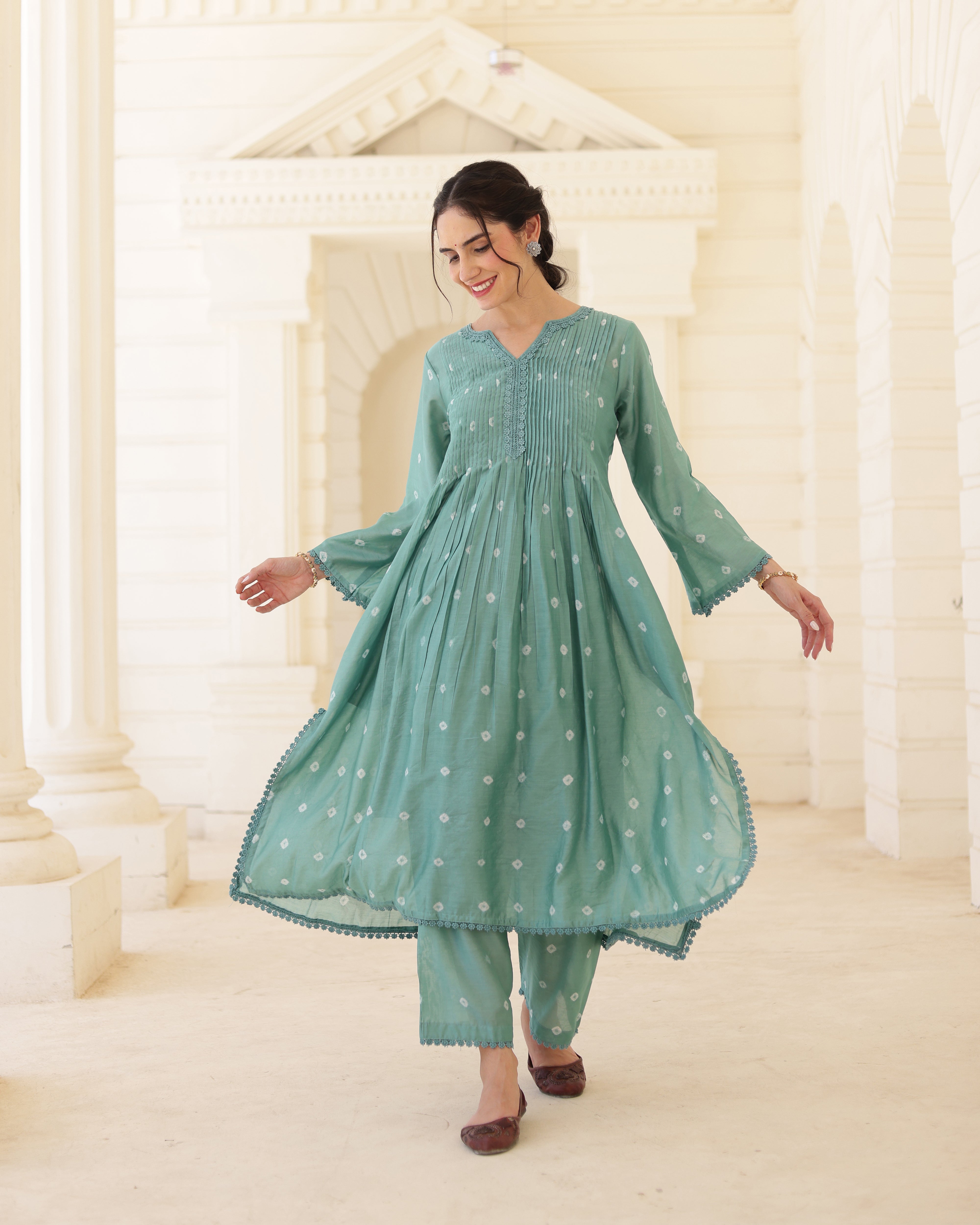 Sage Bloom Green Chanderi Hand Bandhej Suit Set with Dupatta