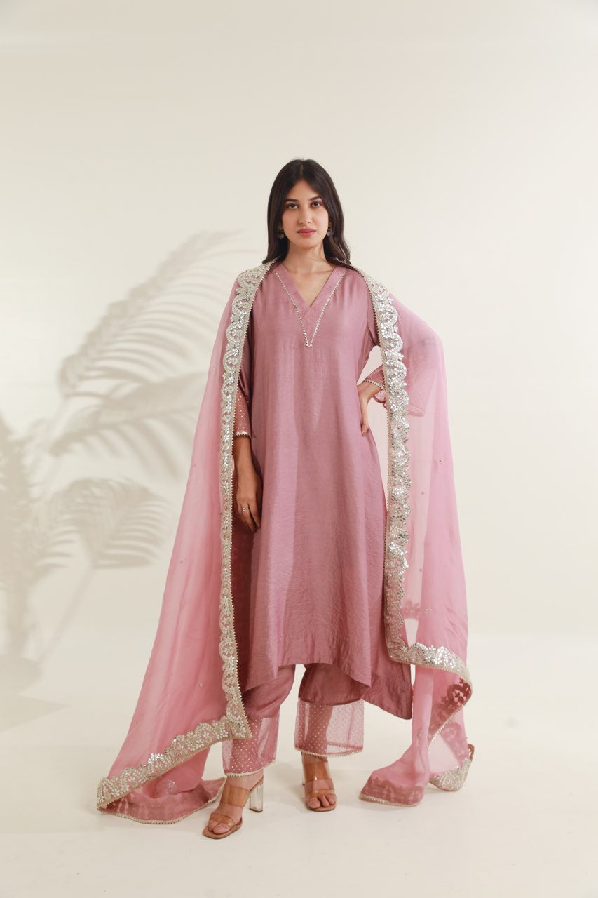 Rose Pink Chanderi Straight Set Asrumo