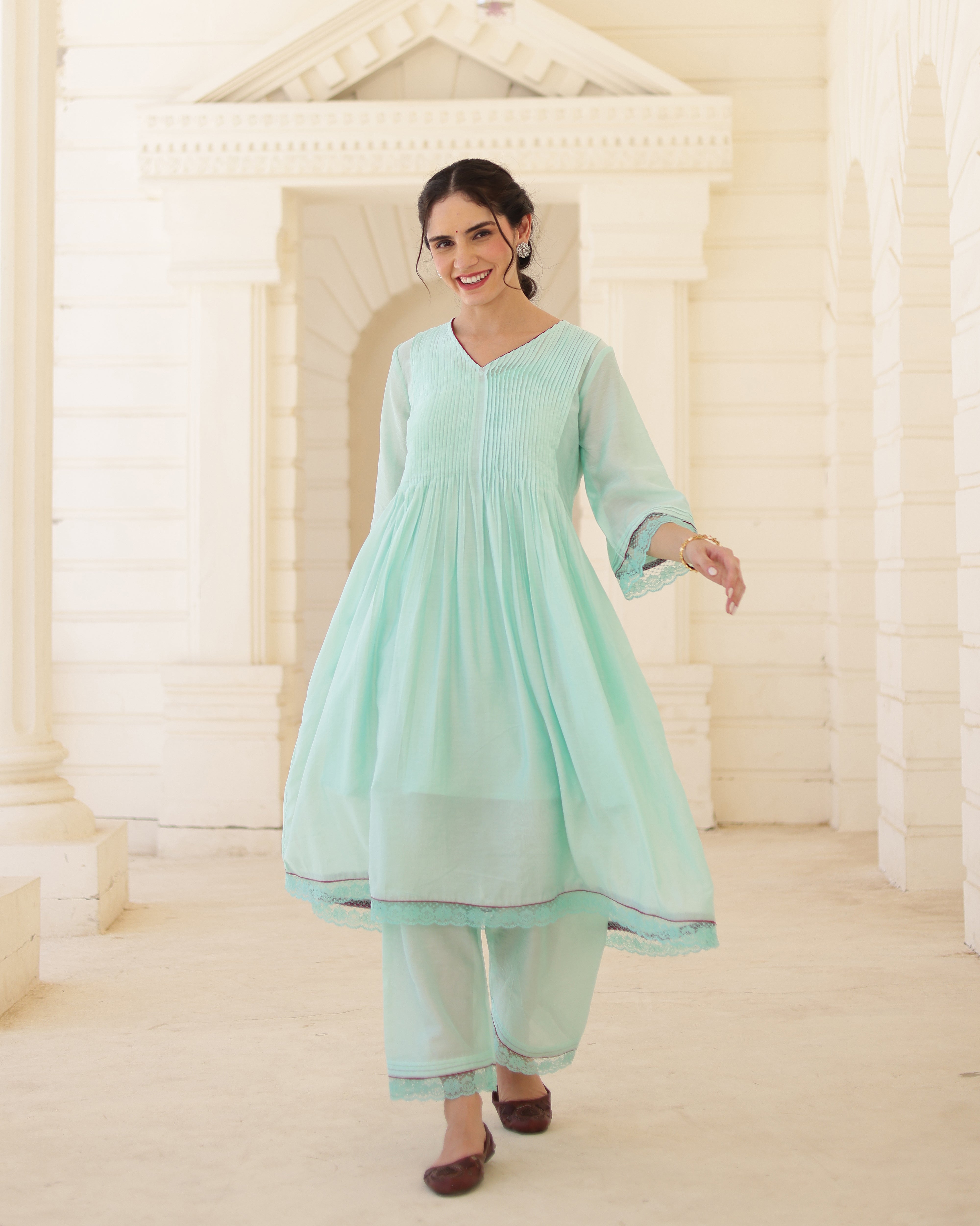 Floris Mint Chanderi Aari Embroidered Kurta Palazzo Set with Floral Dupatta