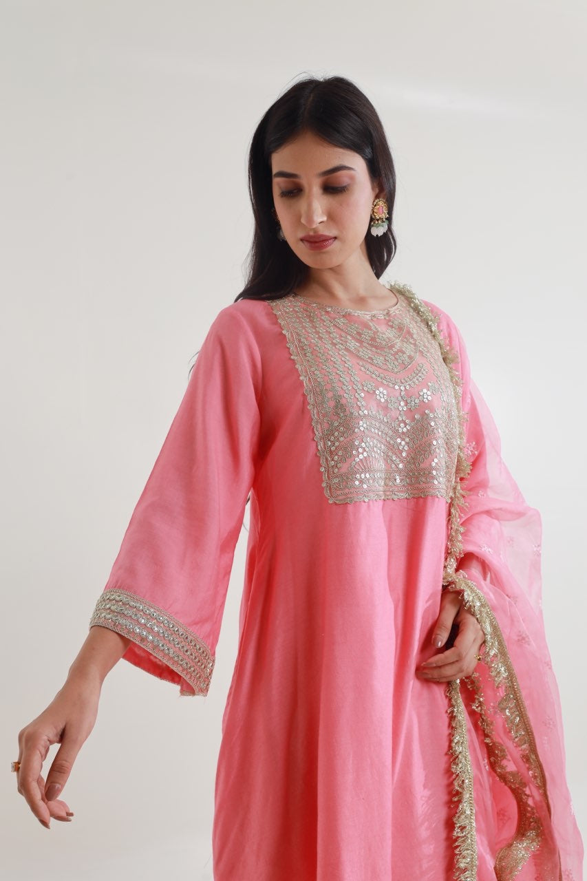 Pink Chanderi Straight Set Asrumo