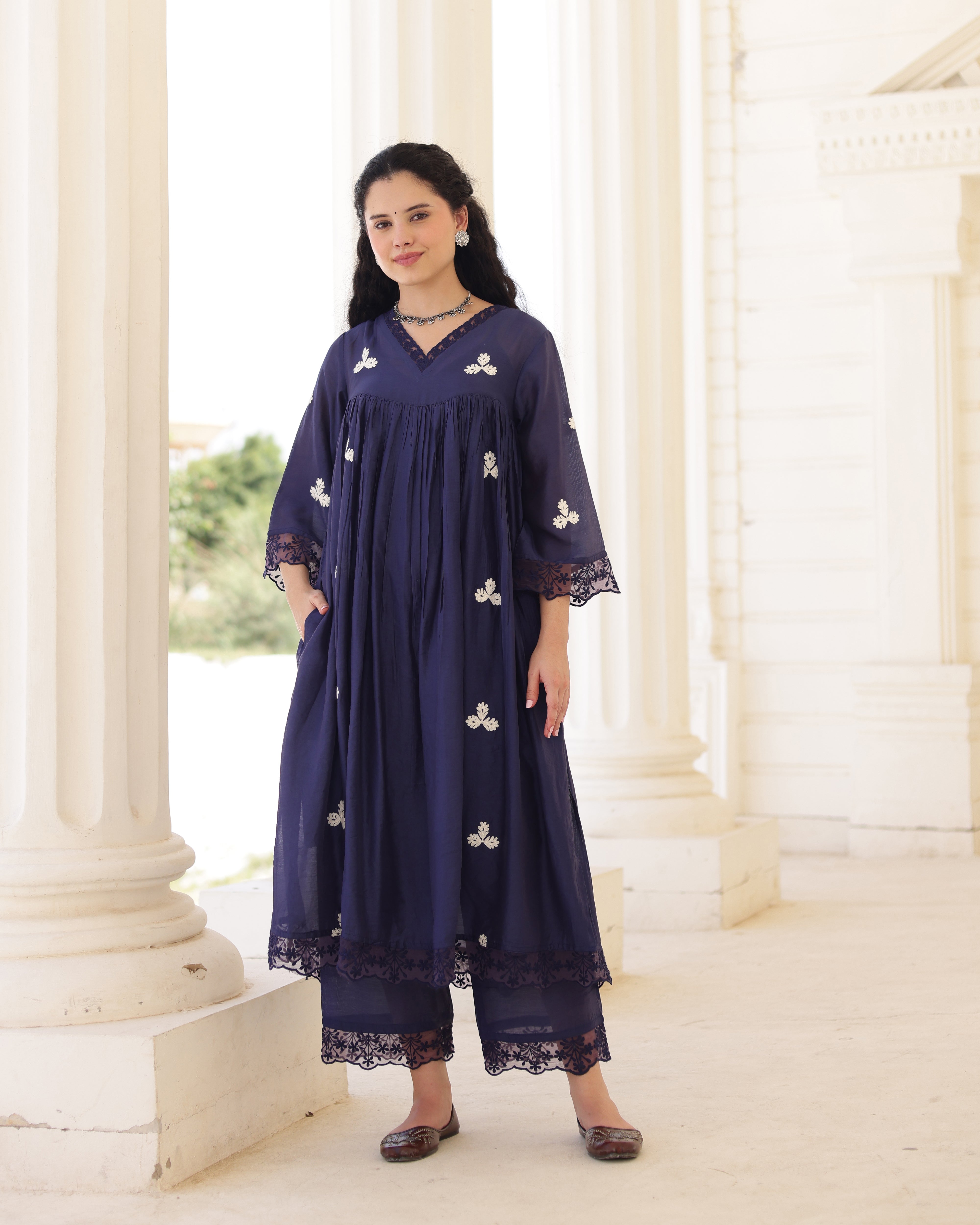 Midnight Muse Navy Chanderi Aari Embroidered Kurta Palazzo Set