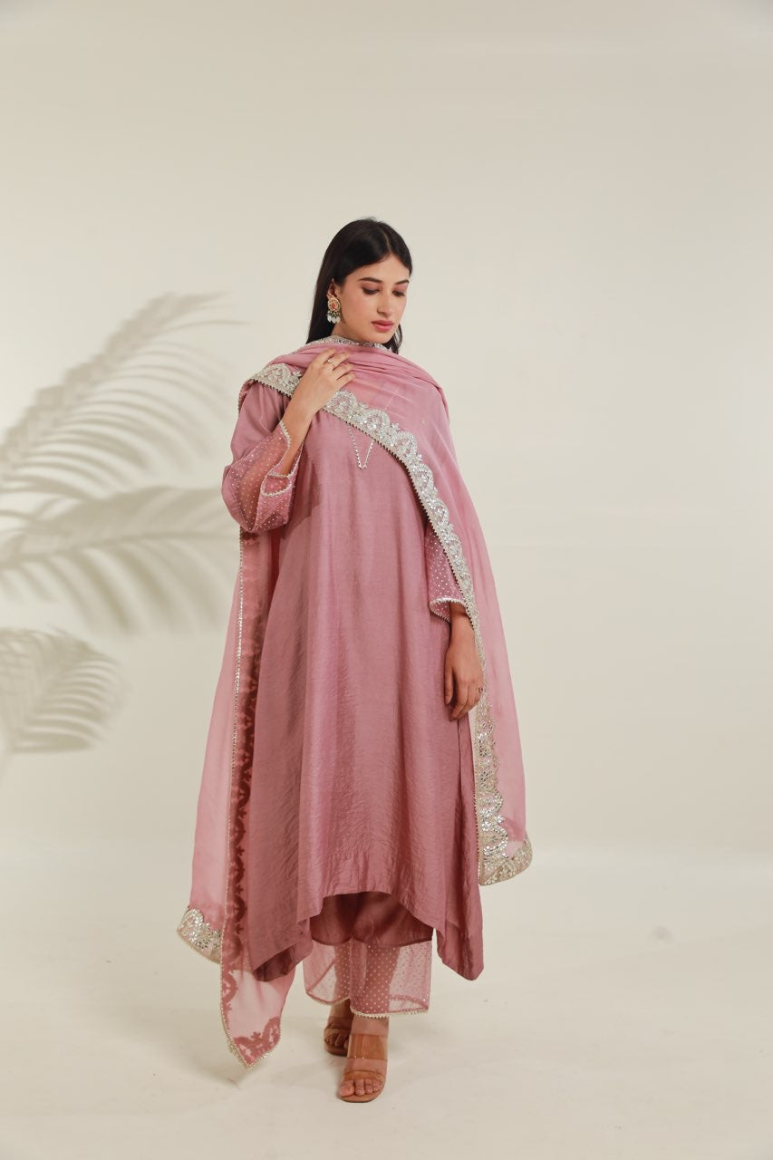 Rose Pink Chanderi Straight Set Asrumo