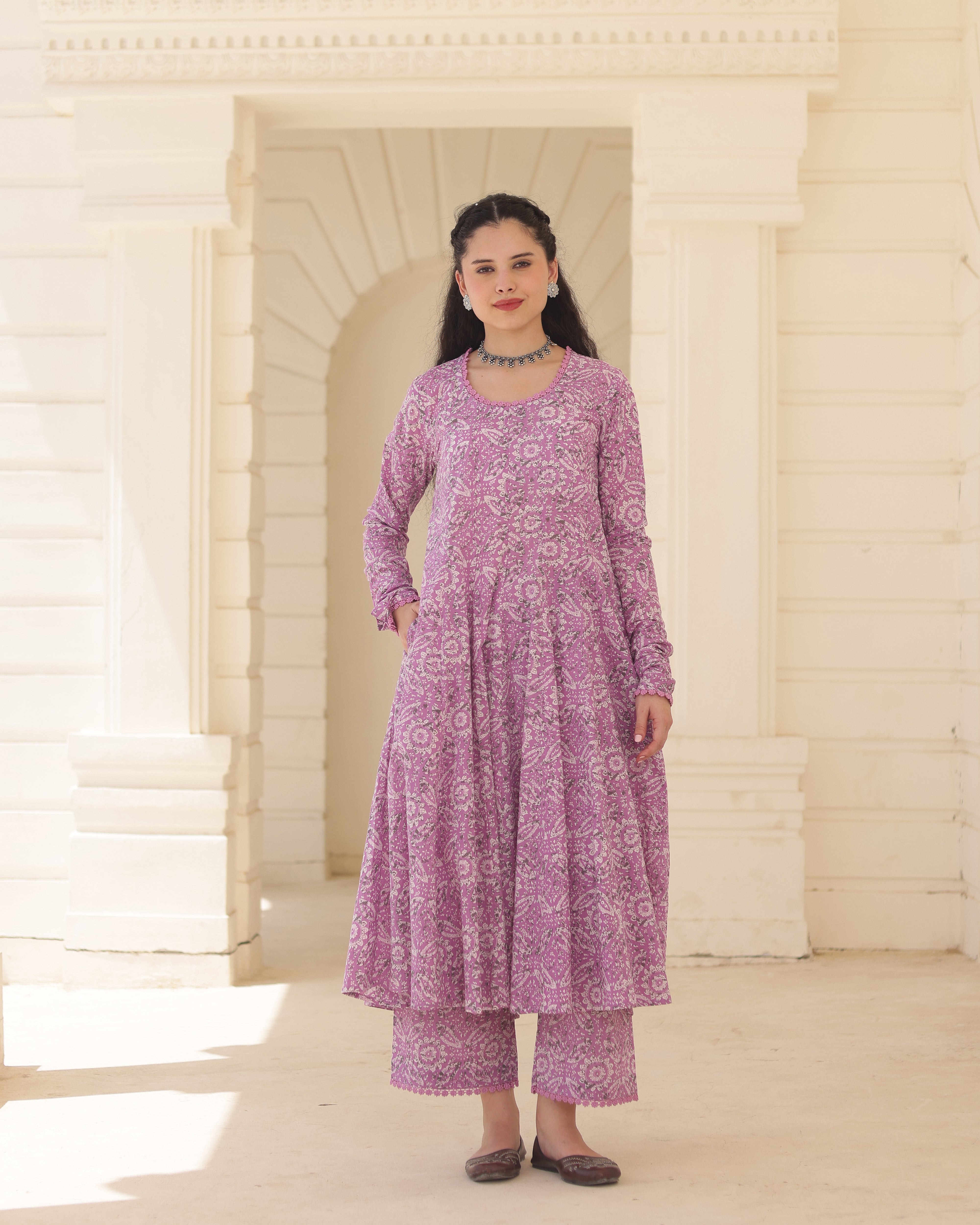 Handblock Lavender heritage Cotton Suit Set with Kota Doria Dupatta