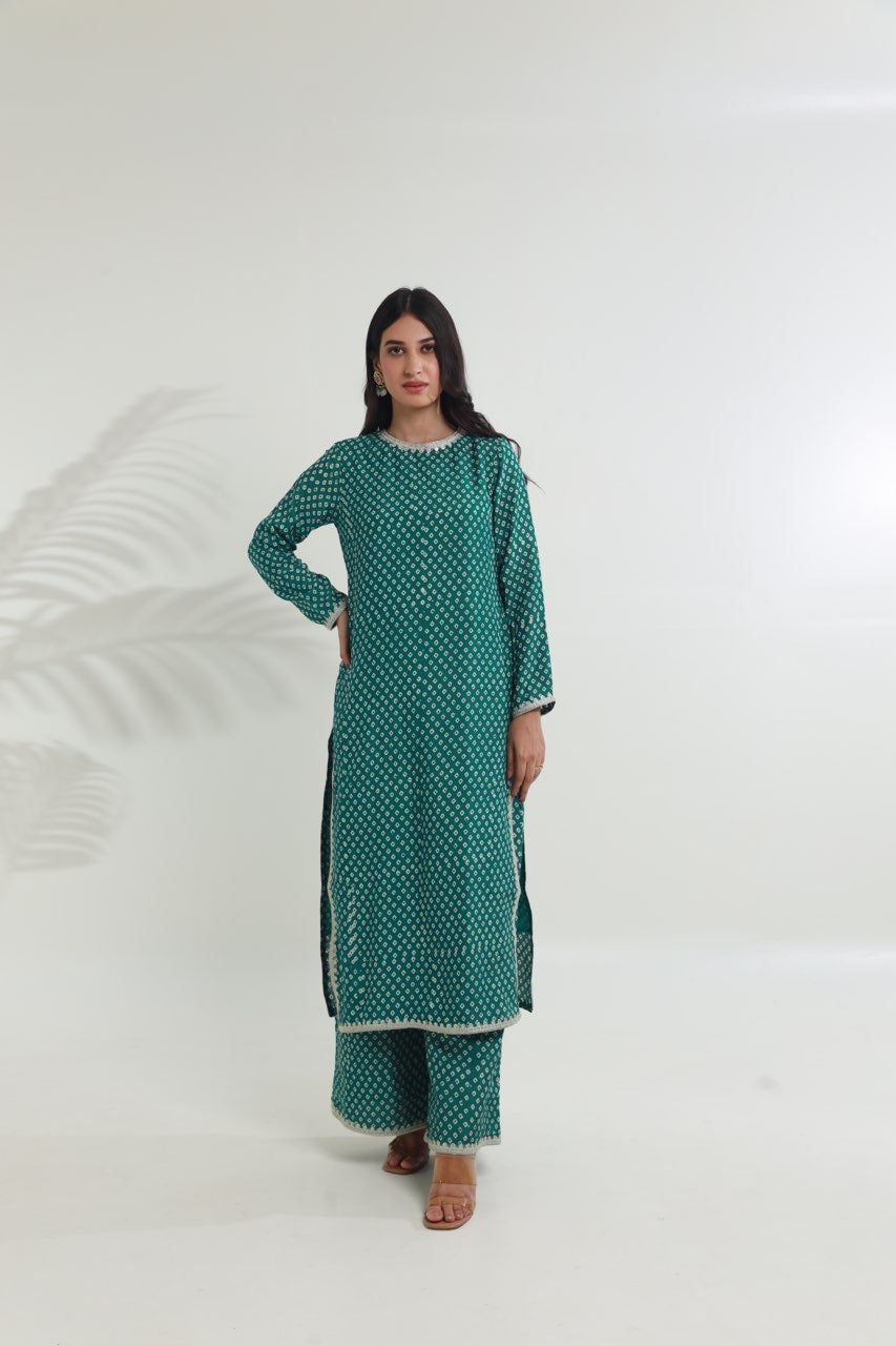 Rama green bandhej handblock straight muslin set Asrumo
