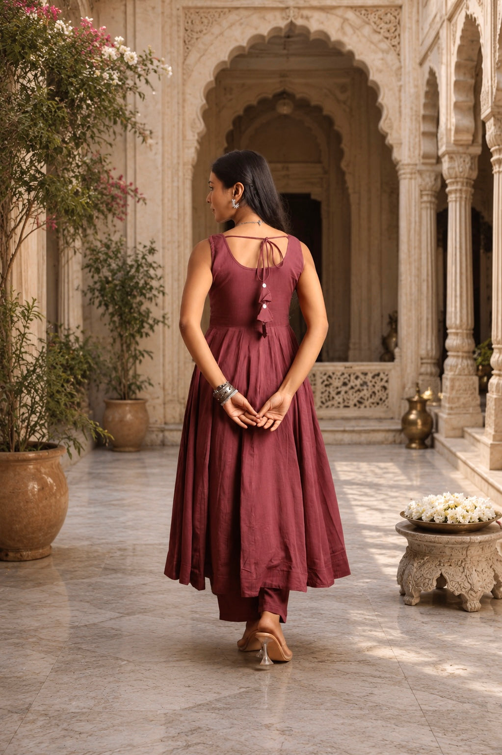 Mauve Mulmul Anarkali Set With Taari And Zari Embroidred Doriya Dupatta