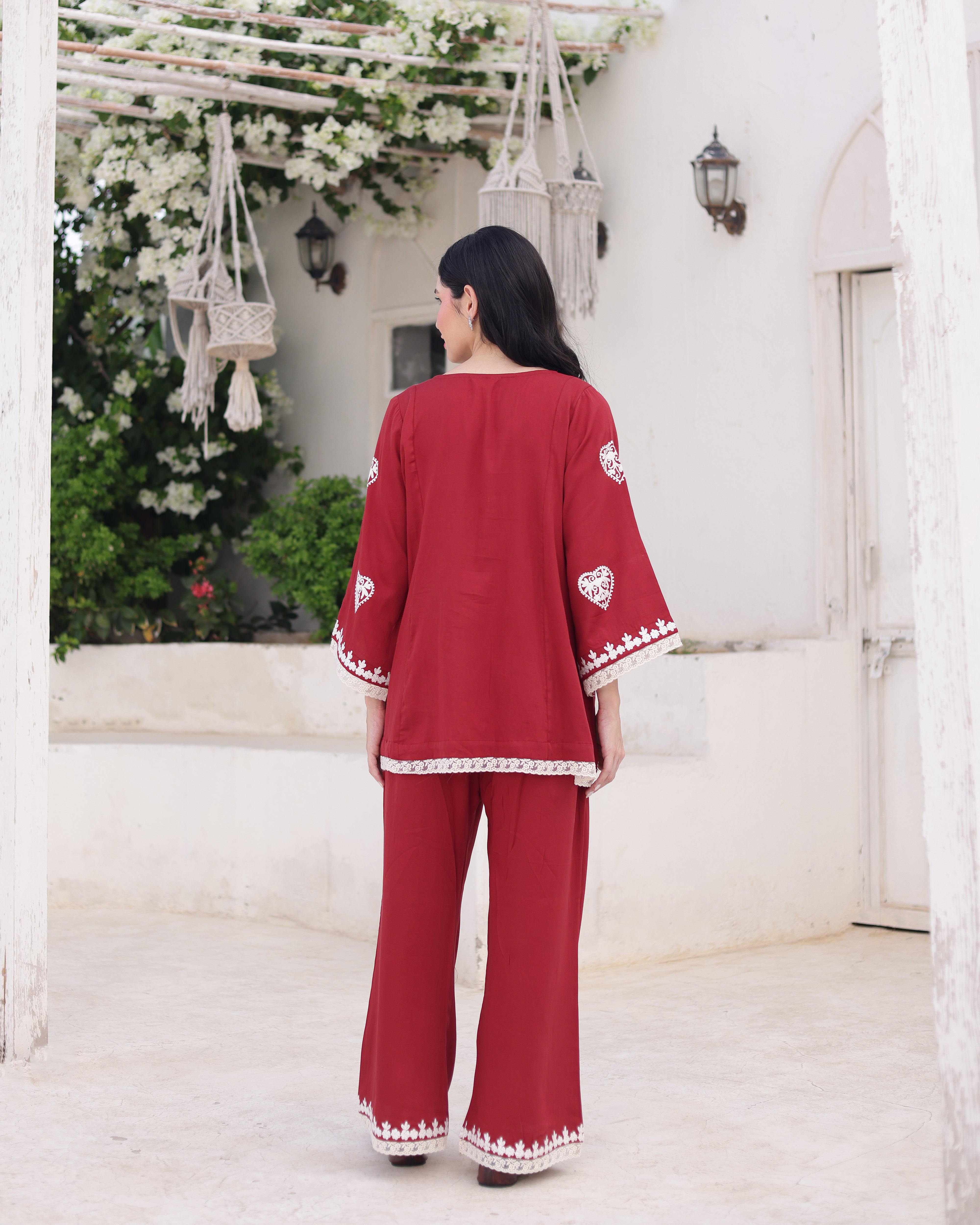 Aarzoo Red Cotton Satin Aari Embroidered Kurta Palazzo Set
