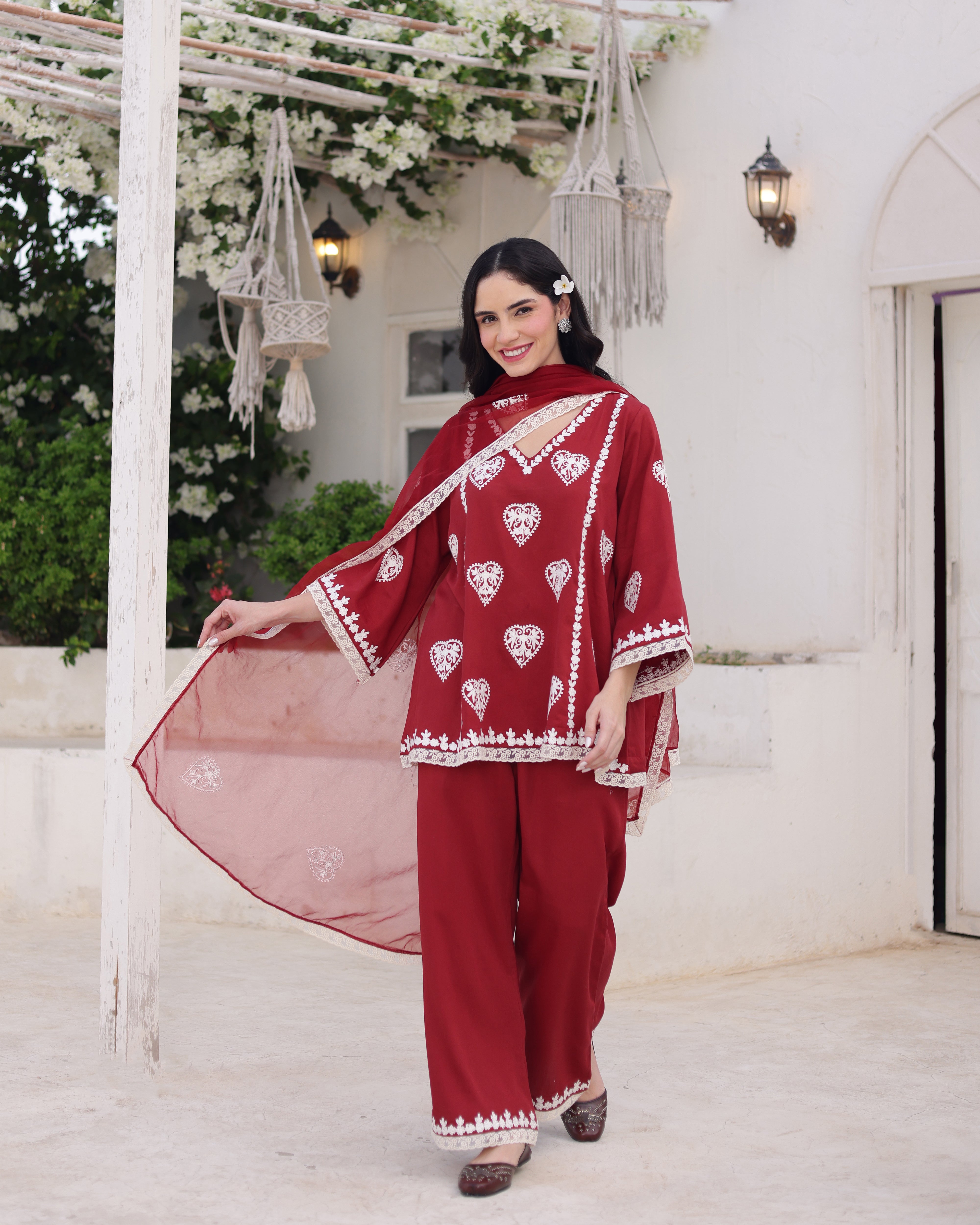 Aarzoo Red Cotton Satin Aari Embroidered Kurta Palazzo Set