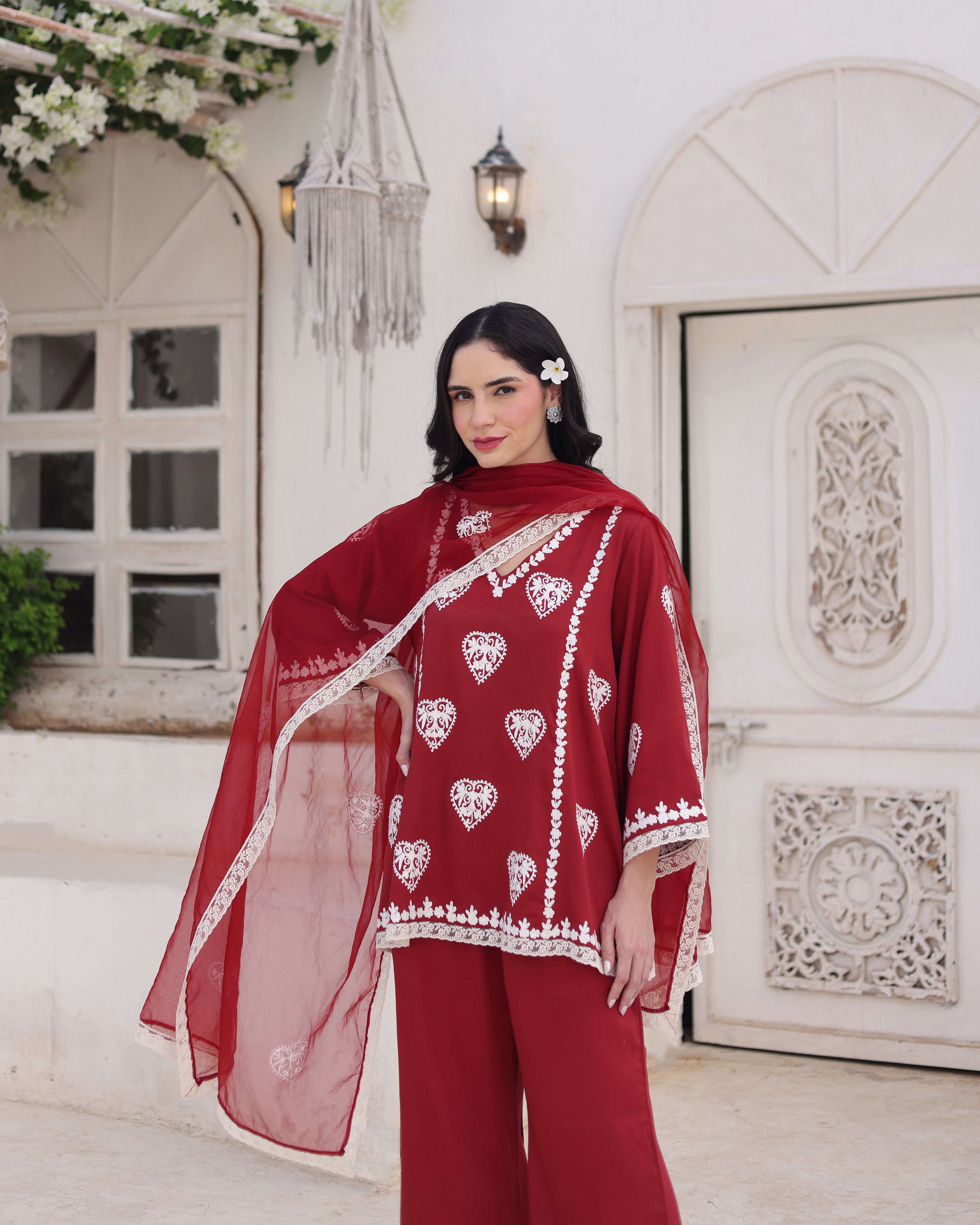 Aarzoo Red Cotton Satin Aari Embroidered Kurta Palazzo Set