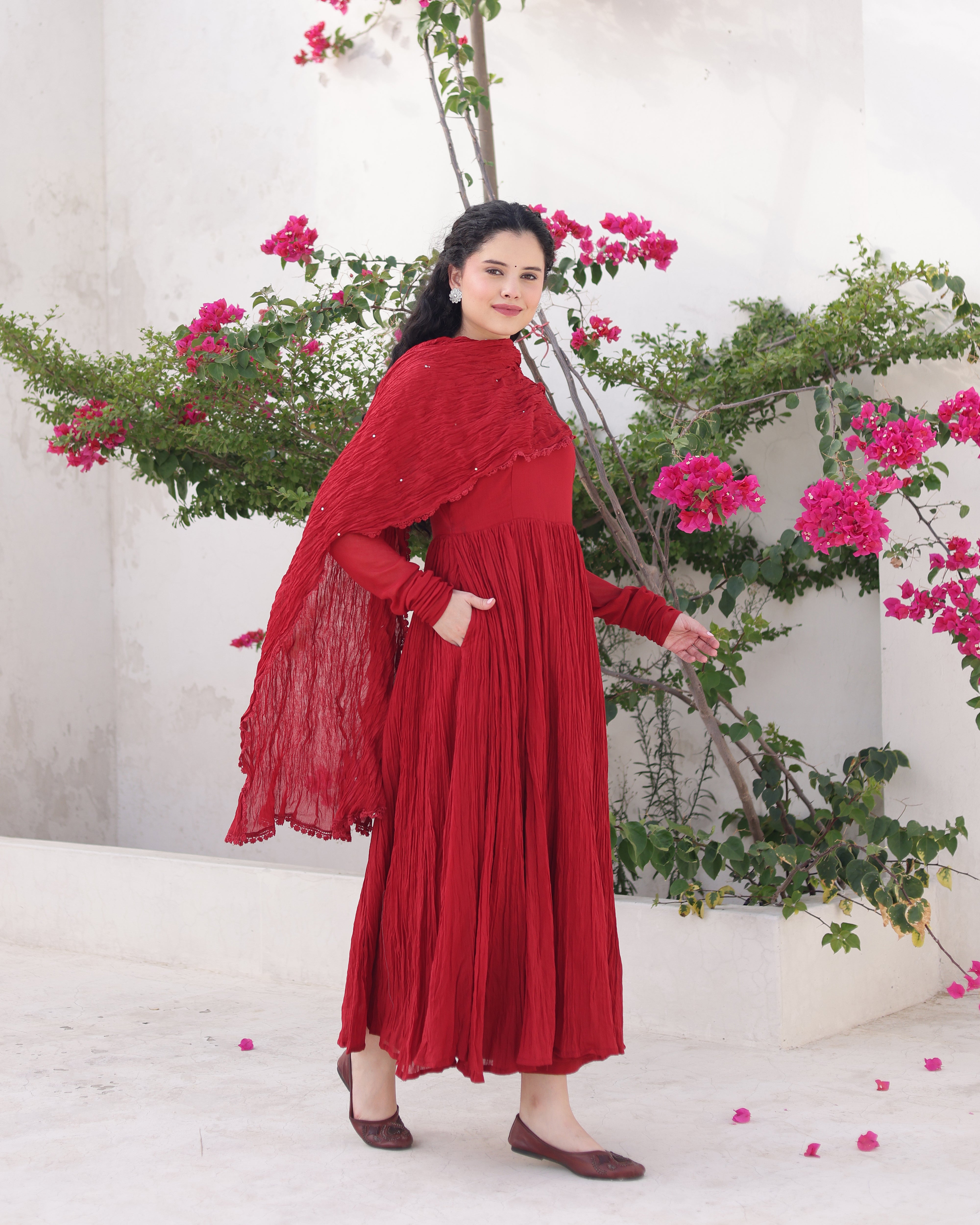Mehraya Maroon Cotton Mulmul Anarkali Dress with Draped Dupatta