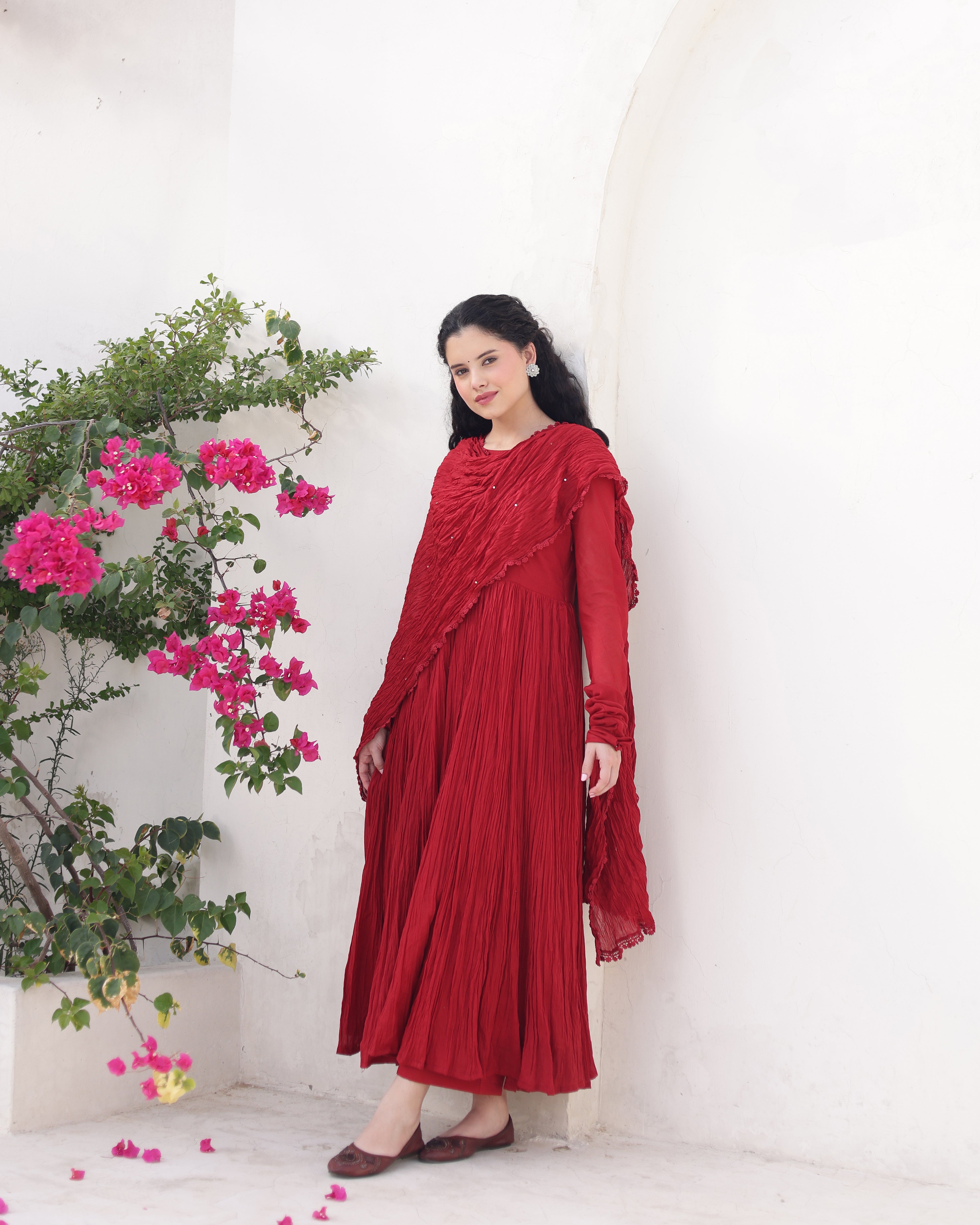 Mehraya Maroon Cotton Mulmul Anarkali Dress with Draped Dupatta