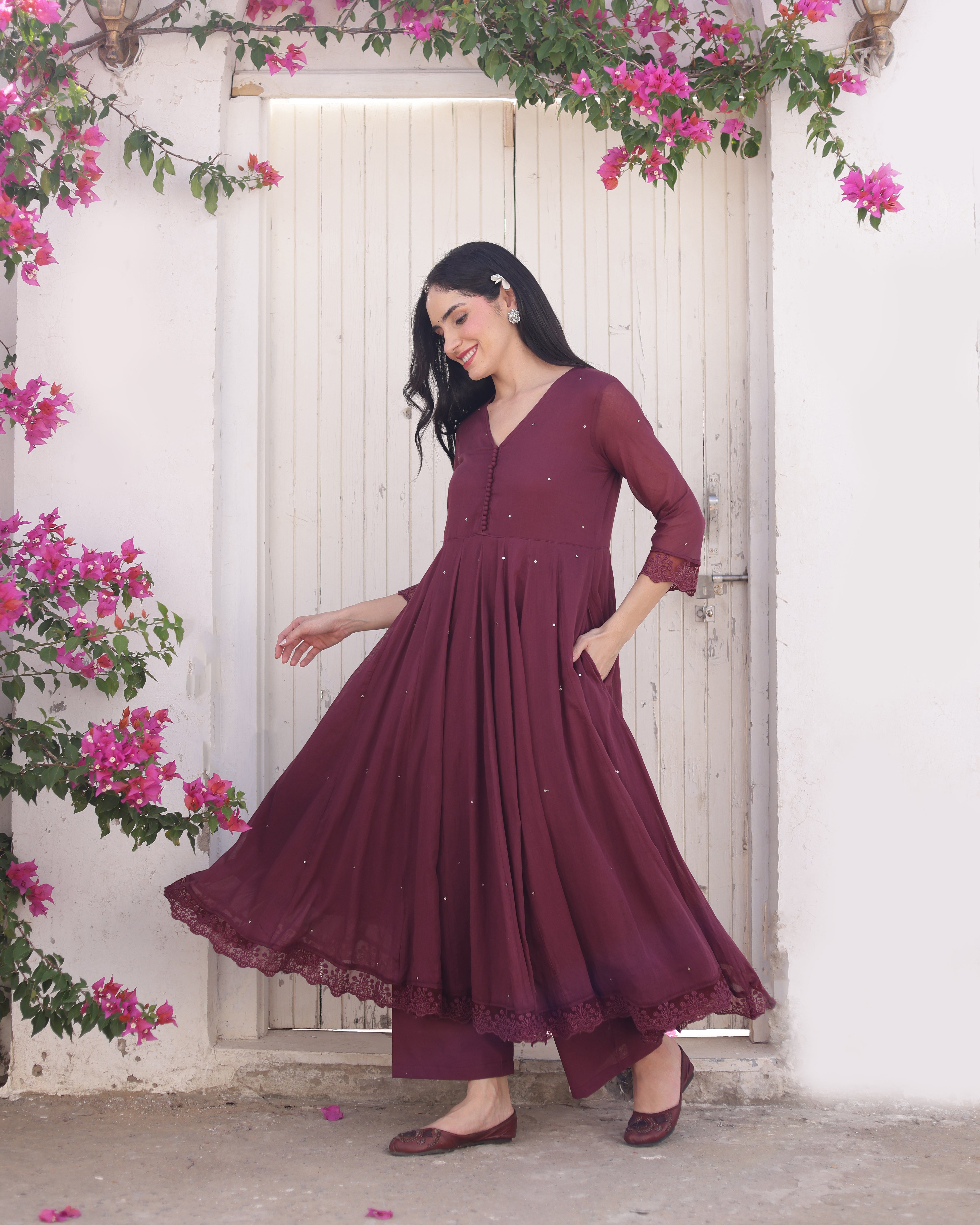 Merlot Wine Cotton Mulmul Taari Embellished Anarkali Suit Set