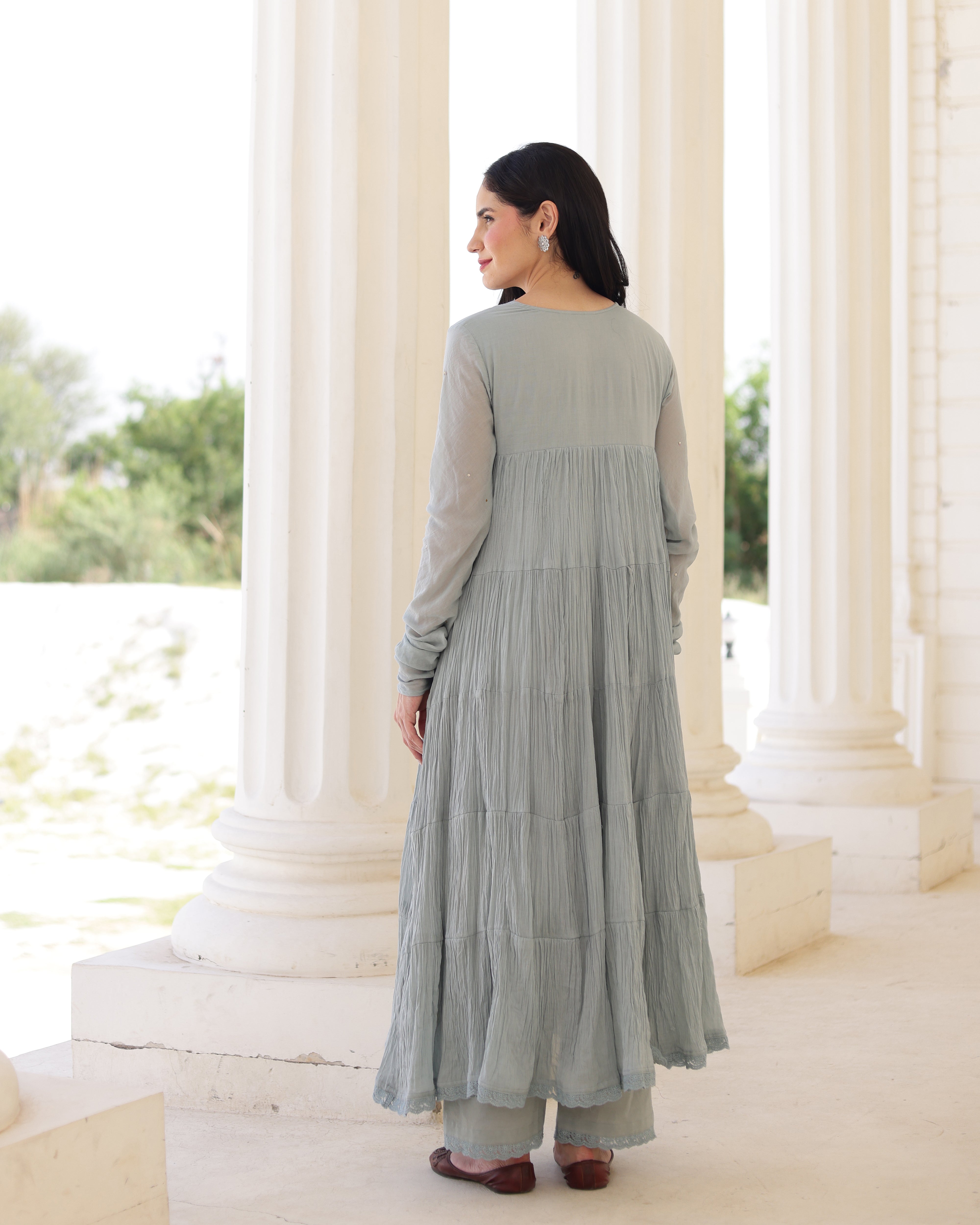 Aster Greyish Blue Cotton Mulmul Taari Embroidered Anarkali Suit Set