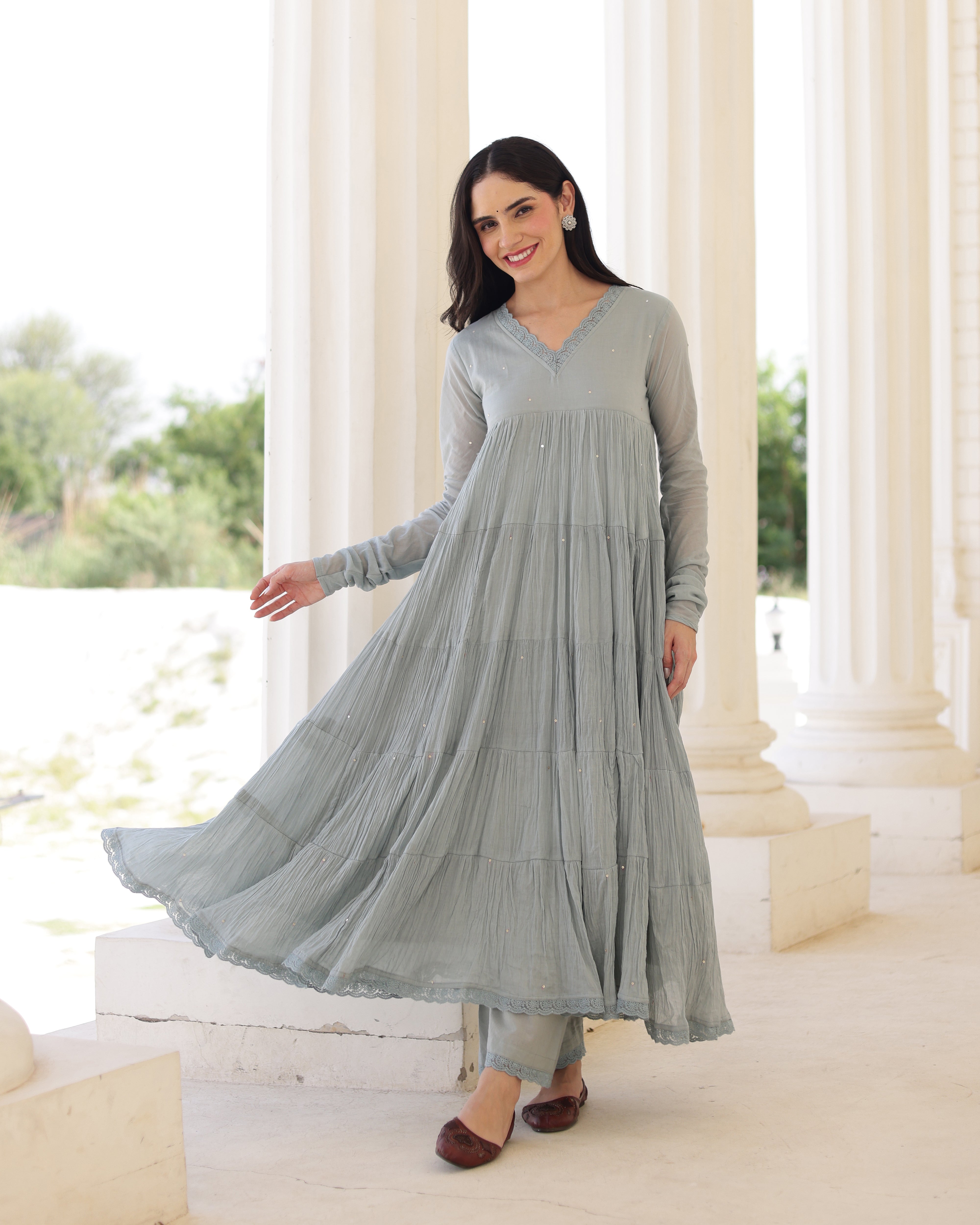 Aster Greyish Blue Cotton Mulmul Taari Embroidered Anarkali Suit Set