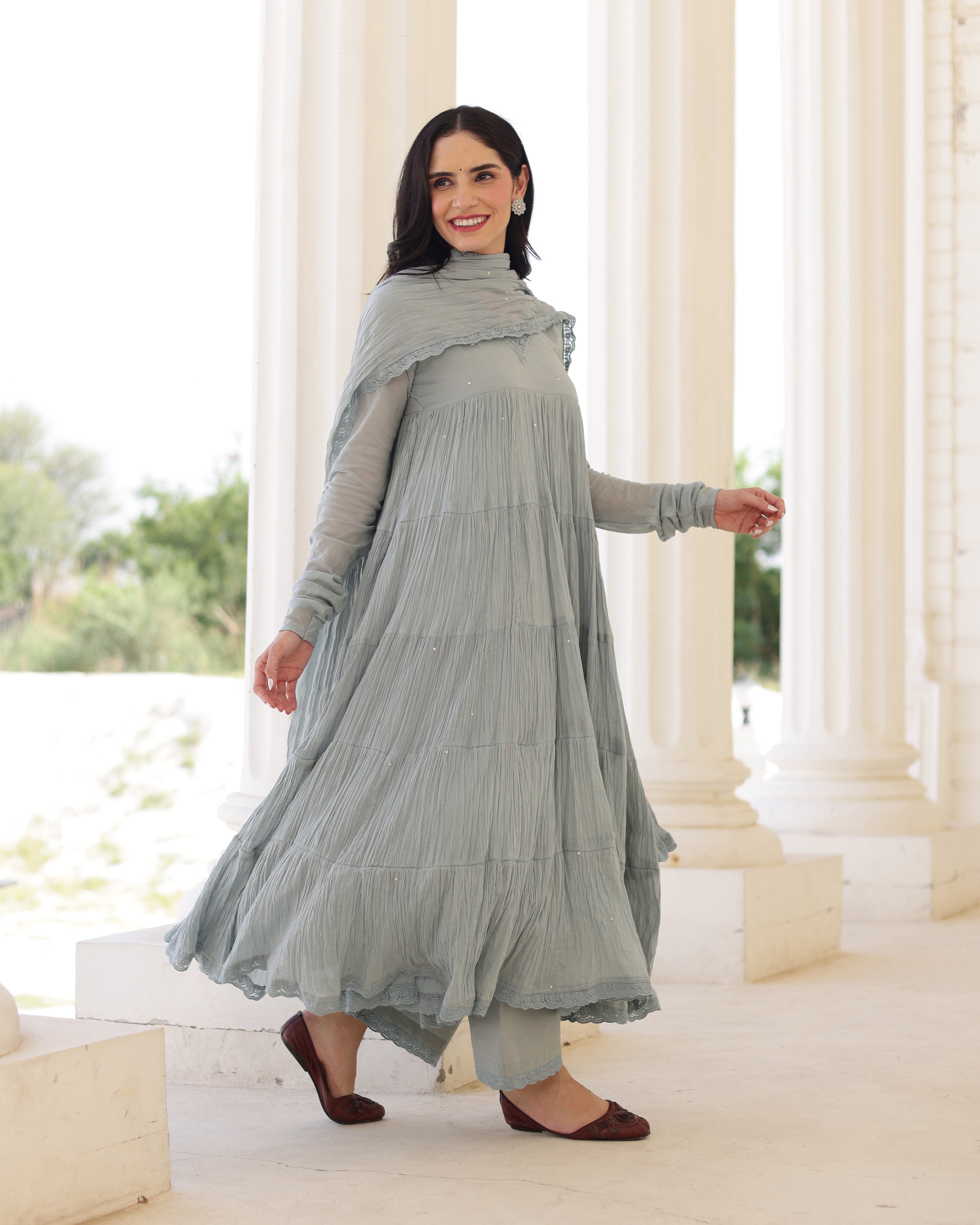 Aster Greyish Blue Cotton Mulmul Taari Embroidered Anarkali Suit Set
