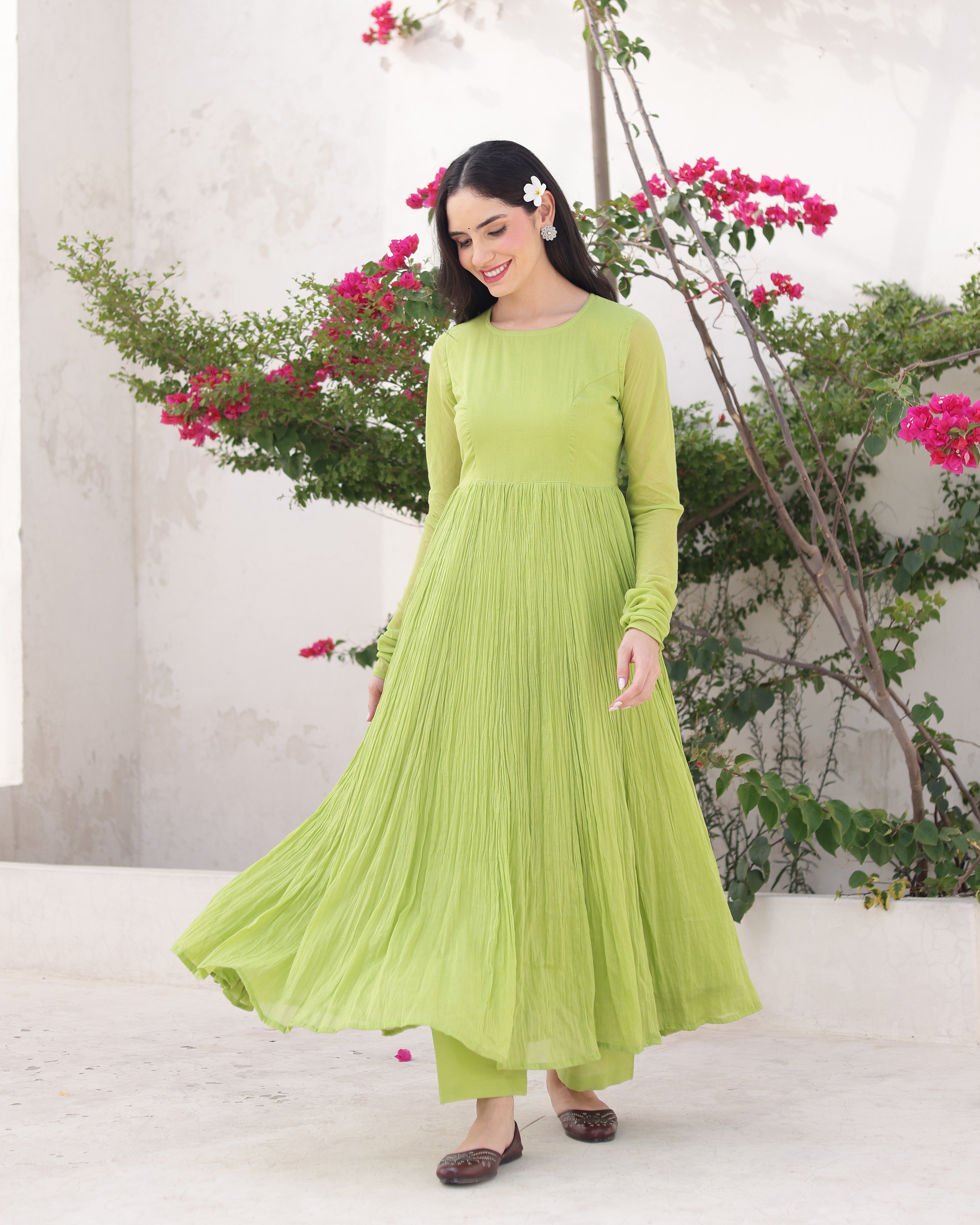 Zamrud Pistachio Green Cotton Mulmul Anarkali Set with Draped Dupatta